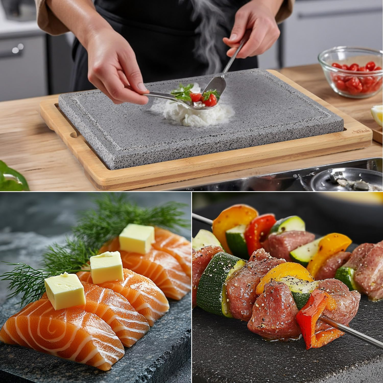 Artestia Extra Large Lava Stone for Cooking Steak, Hot Stone Plates Tabletop Grill, Sizzling Stone Grill Cooking Platter for Meat, BBQ Lava Steak Stones with Bamboo Platter (13.66"*8.93") image number 5