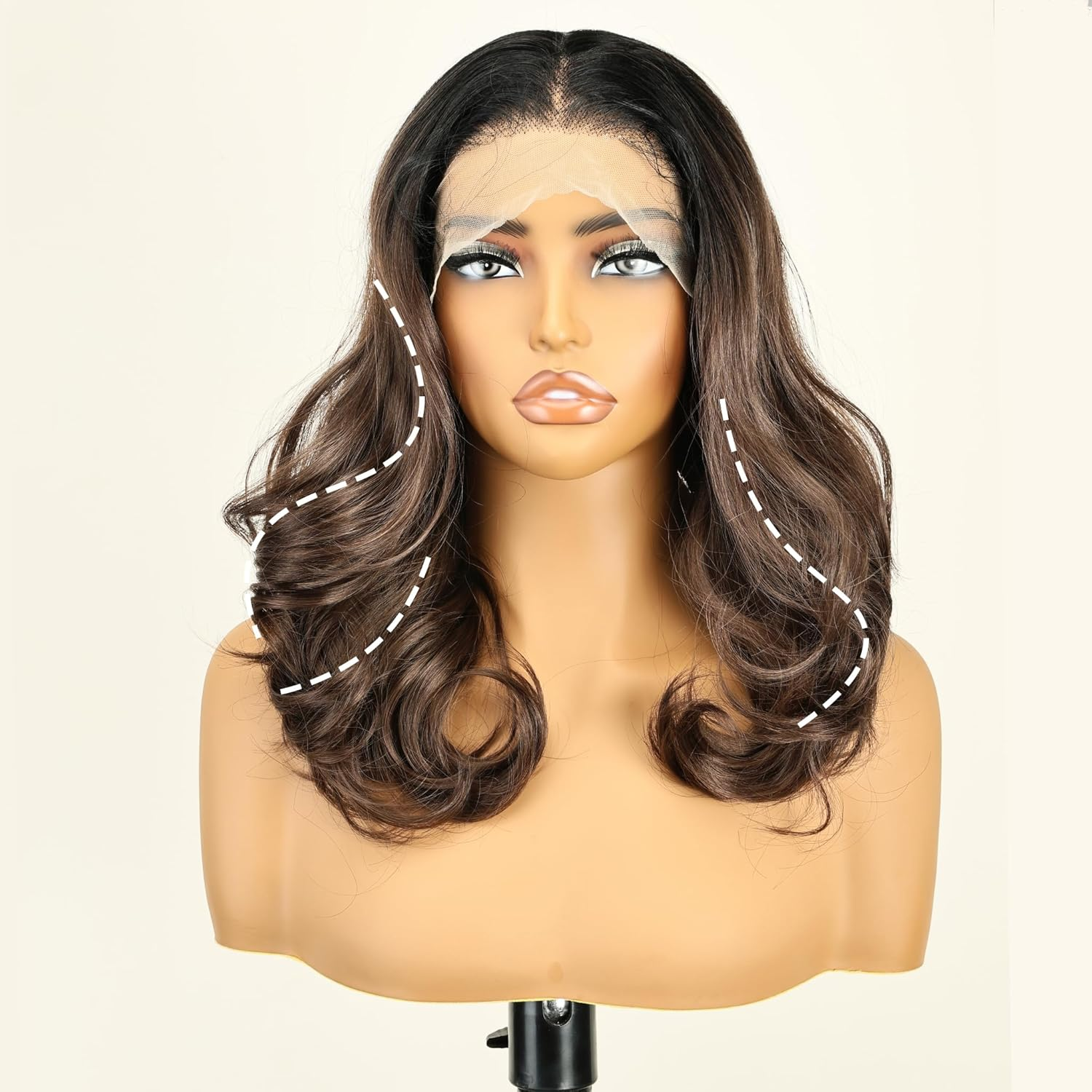 18" Dark Brown Synthetic Hair Wigs for Women 5" X 2.4" Open Parting with See through Lace Ready to Use image number 2