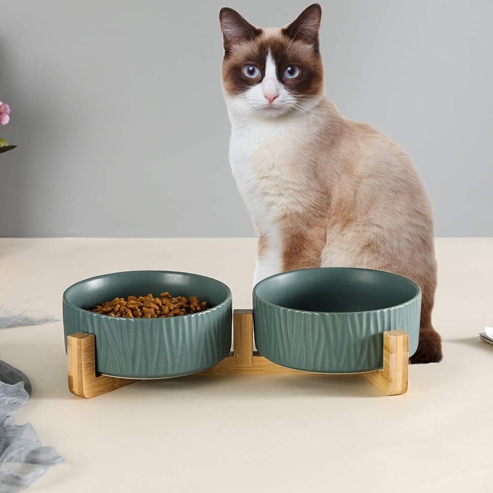 Green Ceramic Cat Dog Bowl Dish with Wood Stand No Spill Pet Food Water Feeder Cats Dogs Set of 2 image number 6