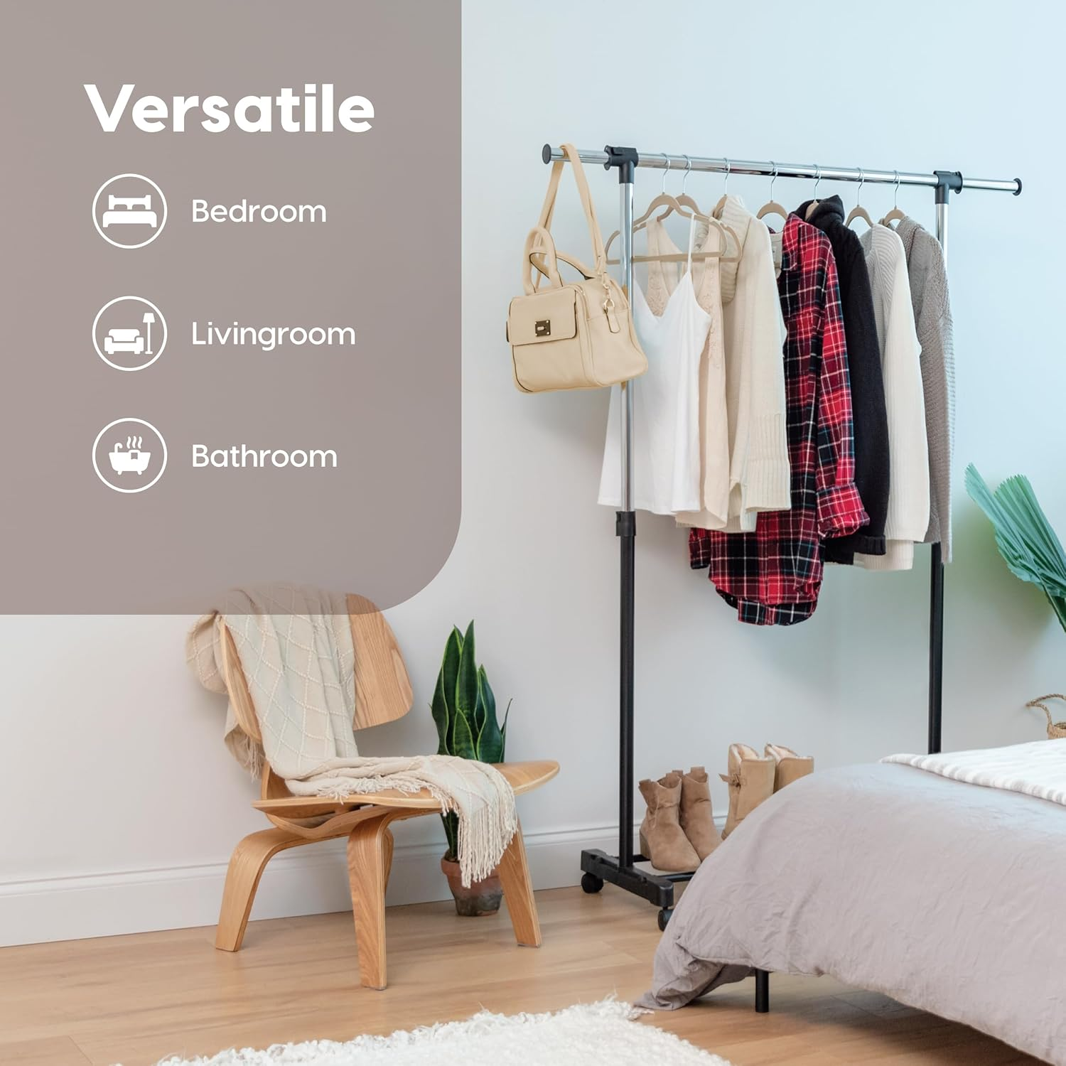 IRIS USA AGRE-1 Adjustable and Extendable Single-Rod Clothes Garment Rack with Lockable Wheels, Black image number 2