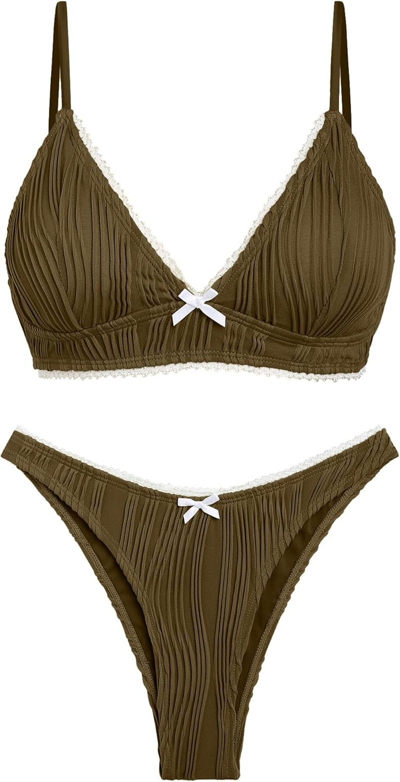 Seamoly Bikini Sets for Women Lace Ribbed Sexy V Neck 2 Piece Swimsuit Bowknot Adjustable Straps Thong Swimwear