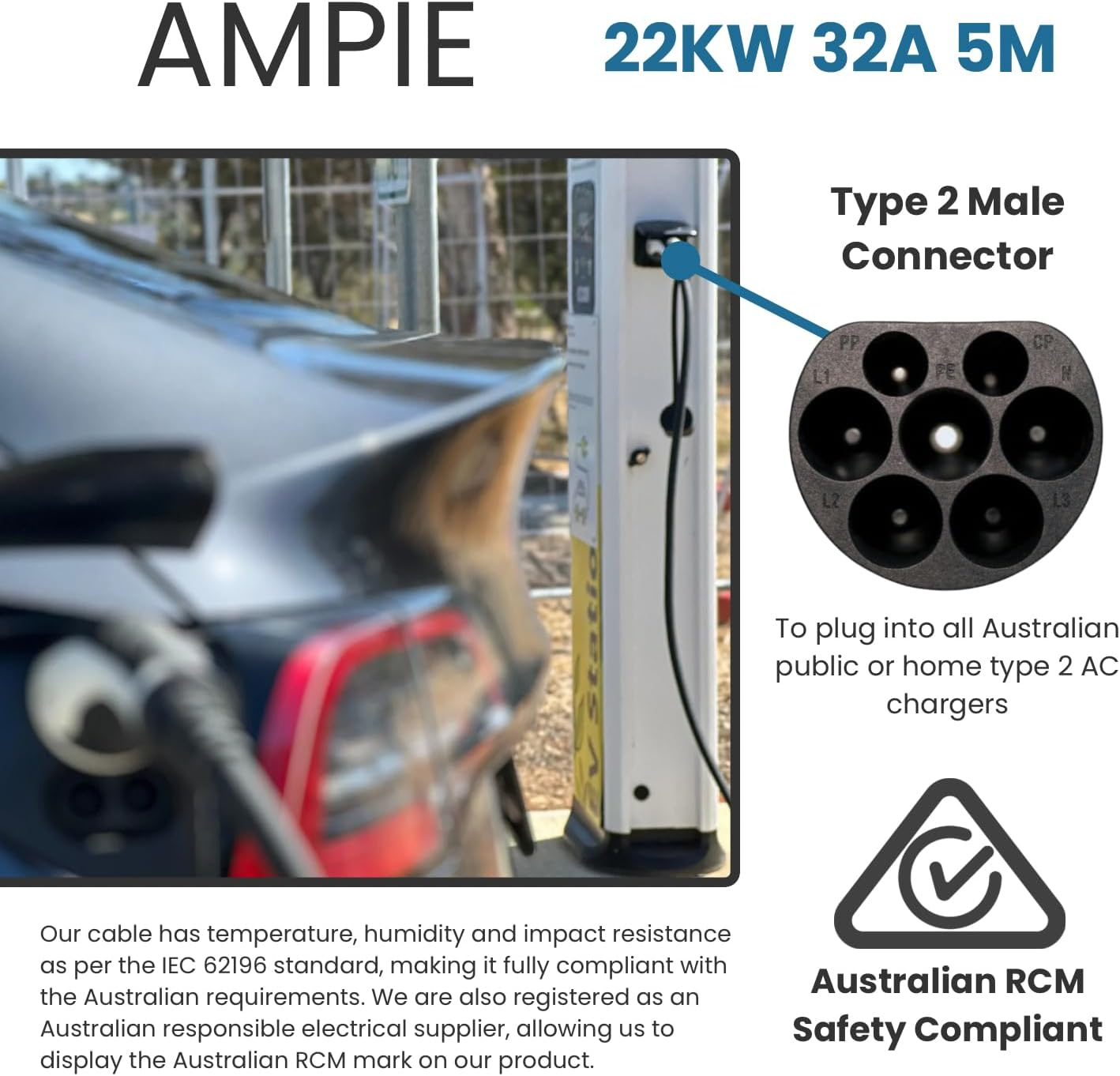 AMPIE Type 2 Electric Vehicle Fast Charging Cable | 22KW | 32A | 3 Phase | 5 Meter