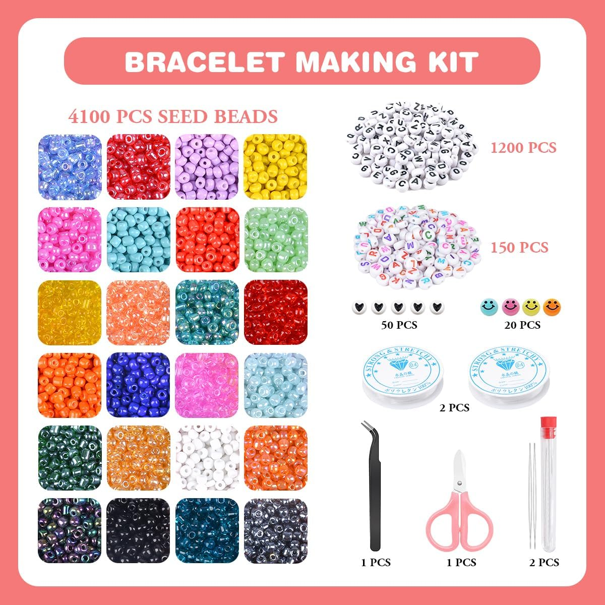 ANSHINE 4100Pcs 4Mm Glass Seed Beads Kit with 24 Colors, Letter Beads & Accessories for Kids' Jewelry Making & Crafts image number 5