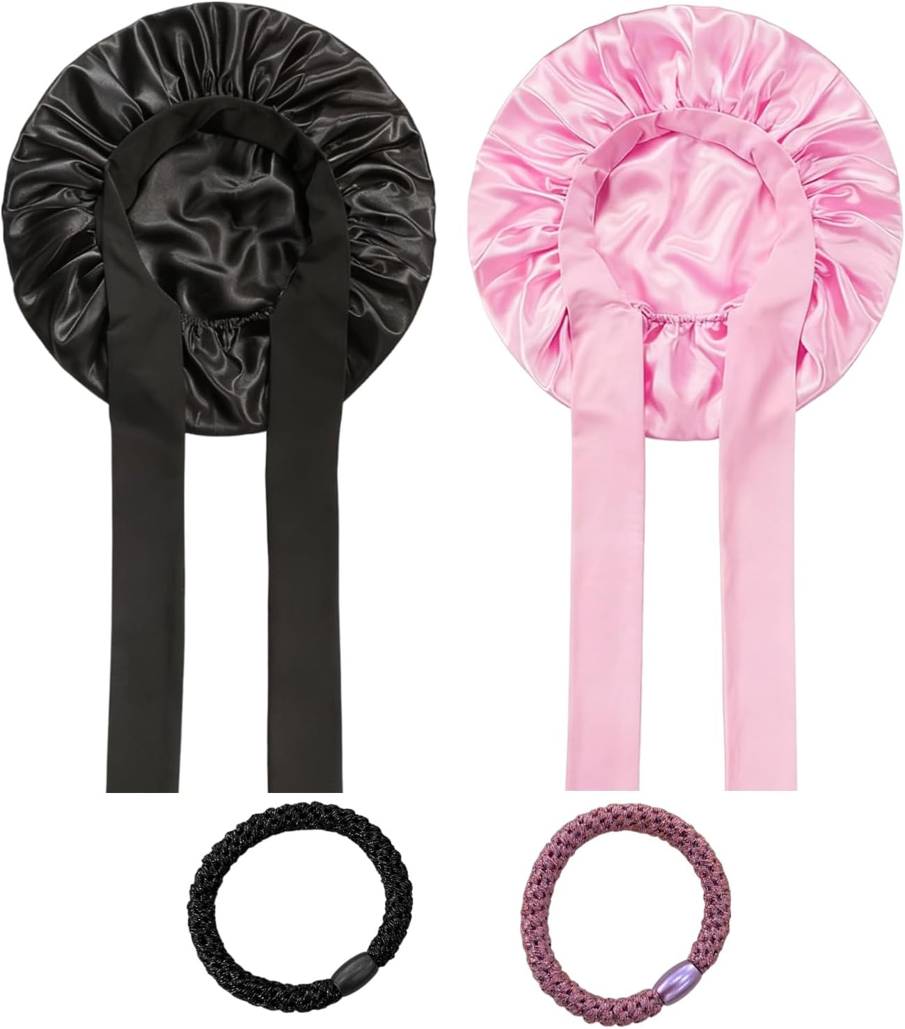 Sdhgerh Set of 2 Satin Sleep Caps, 2 Satin Hair Bands, Adjustable Silk Cap, Breathable Night Sleeping Cap for Women and Girls (Black, Pink) image number 2