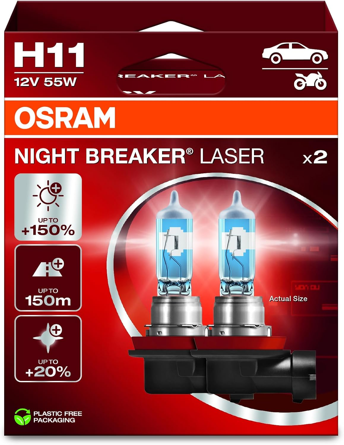 OSRAM Night Breaker Laser H7, +150% More Brightness, Halogen Headlight Bulb, 64210NL-2HB, 12 V Car, Hanging Box (2 Lamps) image number 2
