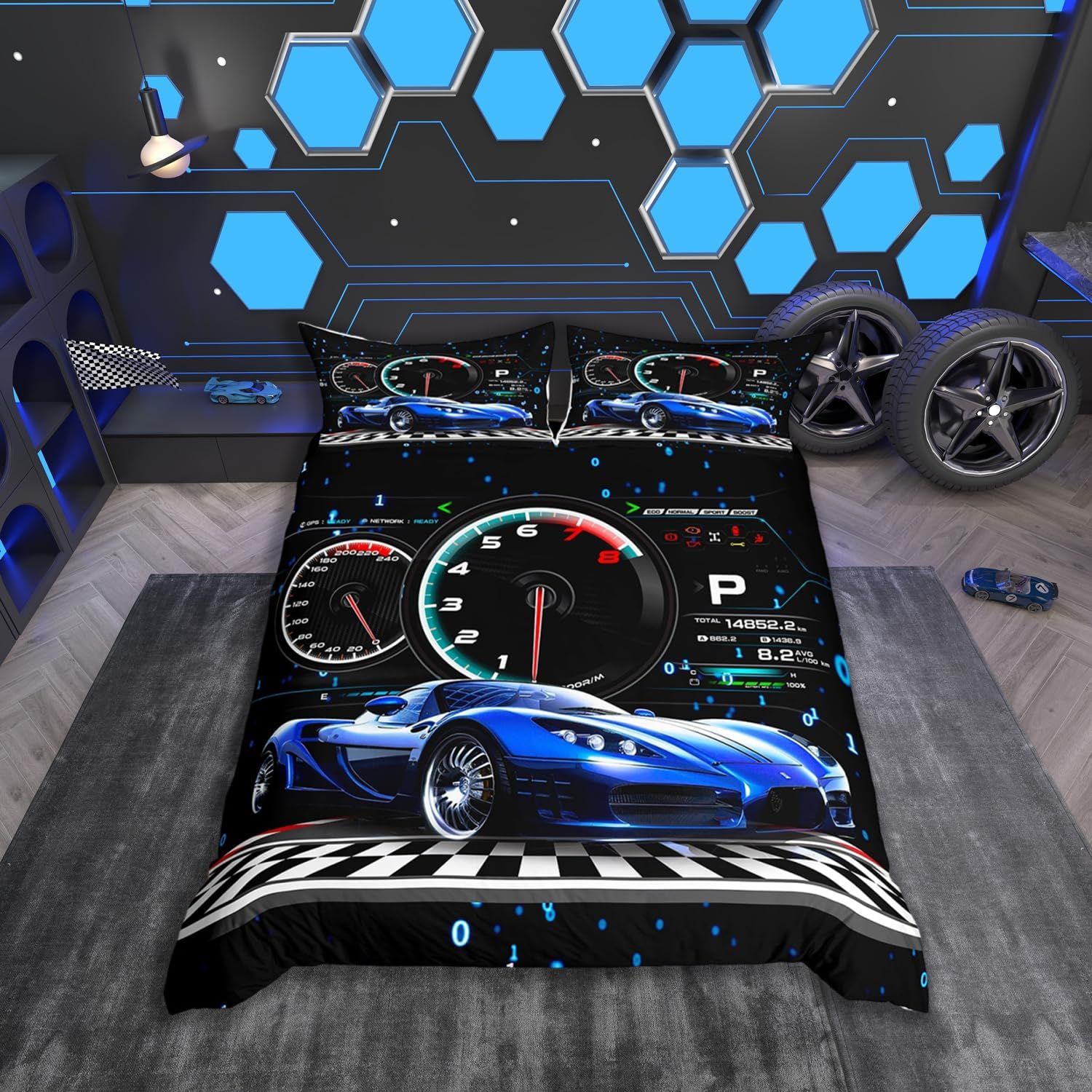 Homemissing Racing Car Duvet Cover Set, Blue, Racing Car Bedding Set, 135 X 200 Cm, for Boys and Girls, Racing Car Bed Set, Speed Sports Car Duvet Cover, Decorative (No Comforter) image number 5