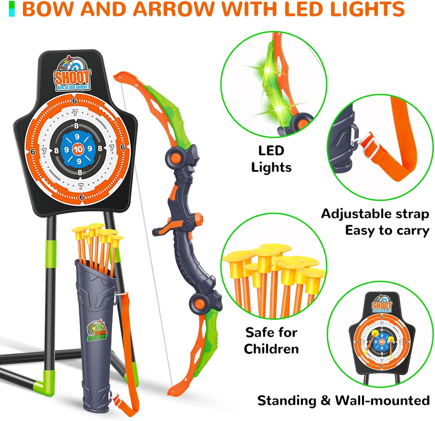 GMAOPHY 2 Pack Bow and Arrow for 5 6 7 8 9 10 11+ Year Old Boys, Birthday Kids, Indoor Outdoor Activity Toys, LED Light up Archery Toy with 20 Suction Cup Arrows, Standing Target & 2 Quiver image number 5