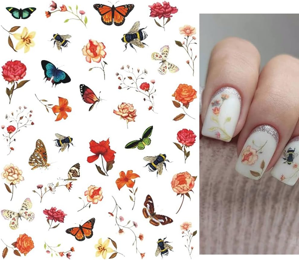 Flower Nail Art Stickers Decals, Watercolor Royalblue White Flowers 3D Nail Stickers 6PCS Butterfly Floral Leaves Nail Decals for Acrylic Nails Summer Nail Art Decorations Supplies Manicure Decor Tips image number 2