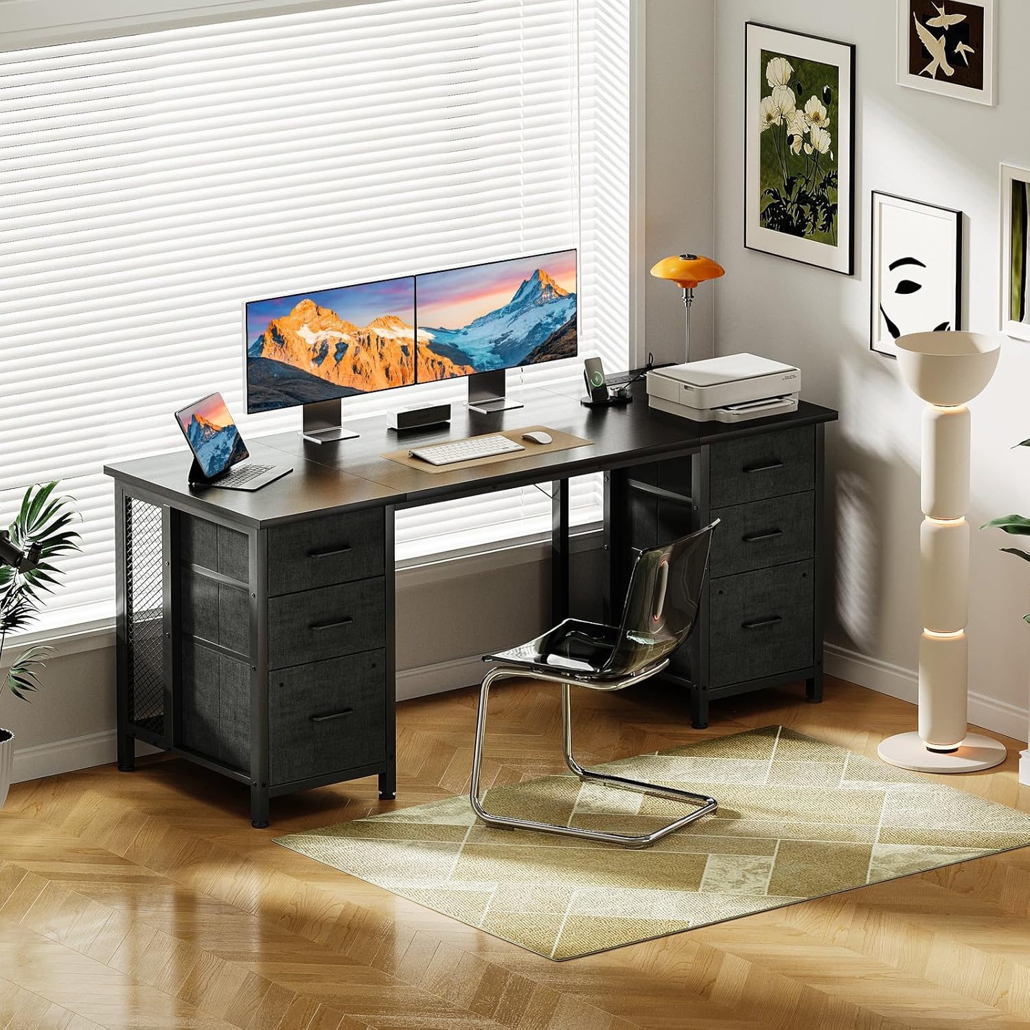 ODK 160Cm Computer Desk with 2 File Cabinets and 4 Fabric Drawers, Home Office Desk with Power Outlets, PC Table with Storage,Study Table for Bedroom Office Gaming,160 * 53 * 76Cm,Black image number 5