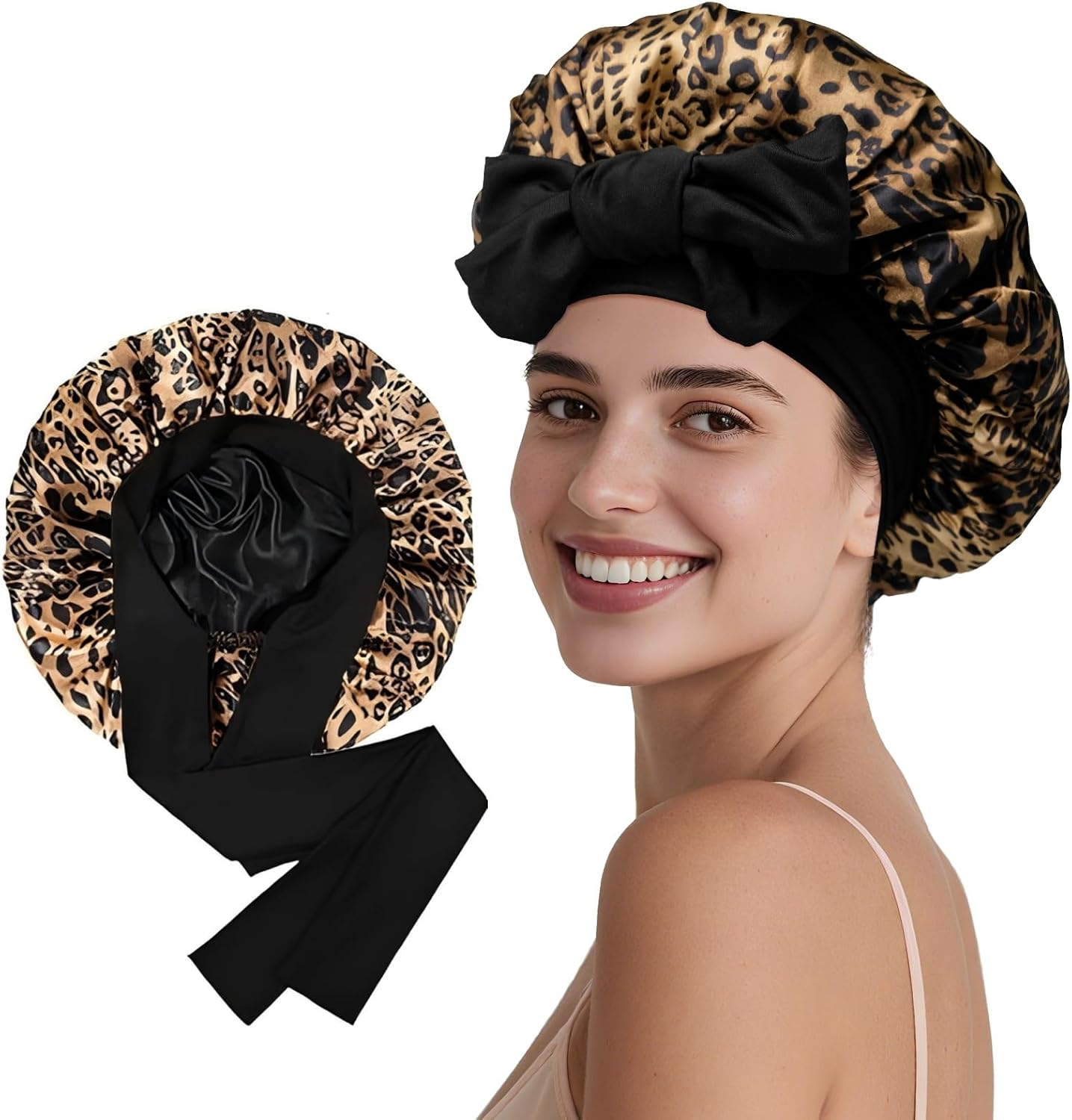 Novvia Silk-Like Satin Sleep Cap &ndash; Double-Layer Reversible Bonnet for Sleeping, Anti-Frizz Protection for Curly Hair, Smooth and Breathable Sleeping Cap for Night Use-Leopard Print+Black image number 2