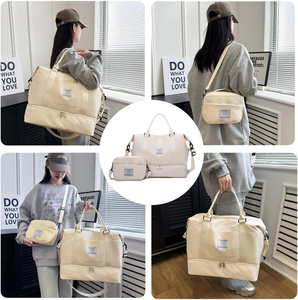 Travel Duffel Bags,Weekender Bags for Women&Men with Shoe Compartment,Large Capacity Travel Overnight Bags with Toiletry Bag,Carry on Bag for Travel, Gym,Hospital,Weekend(Beige) image number 2