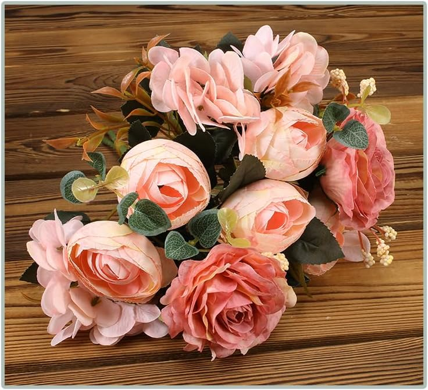 AU018-4 Artificial Hydrangea and Camellia Flowers Pink Bouquet Lifelike Fake Floral Home Office Shop Wedding Party Decor,Real-Touch Fabric and Plastic,29Cm(11.4") - Pink image number 4