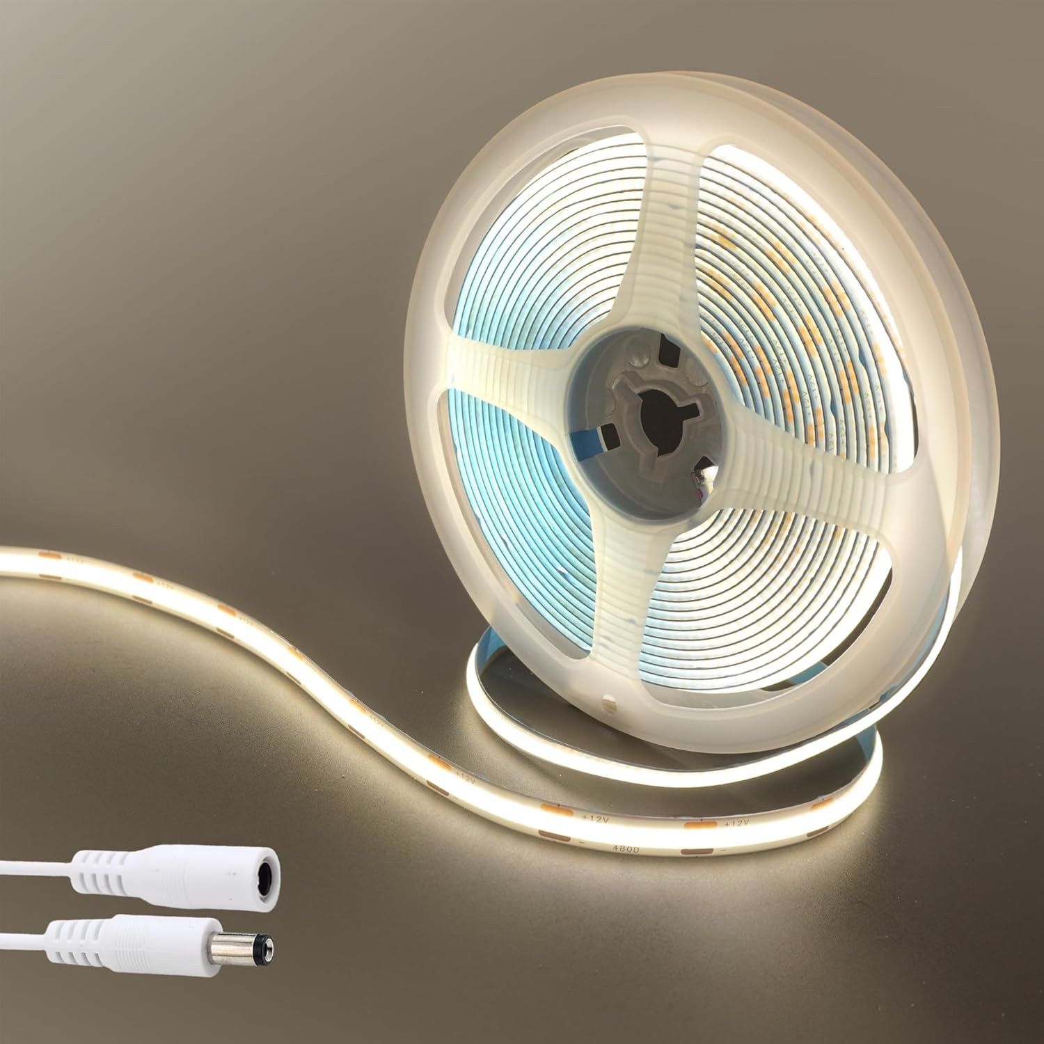 Clearhill 12V COB 480LED Strip Lights,16.4Ft/5M（No Power Supply）,Warm White 3000K,480Leds/M,With 5521DC Male and Female Connectors,8Mm Width,Cri90,Electroplated Double-Sided Panel,Ip20,For Indoor