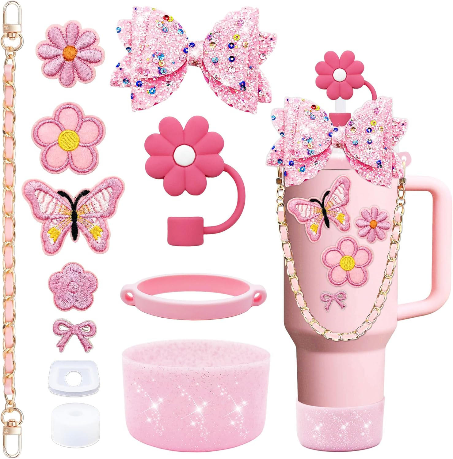 12PCS Bling Stanley Cup Accessories for 30Oz & 40Oz Tumbler with Handle,Including Leather Handle Strap,Straw Bow Decorate,Straw Topper Cover,Boot,Spill Proof Stoppers,Sticker (Blue)