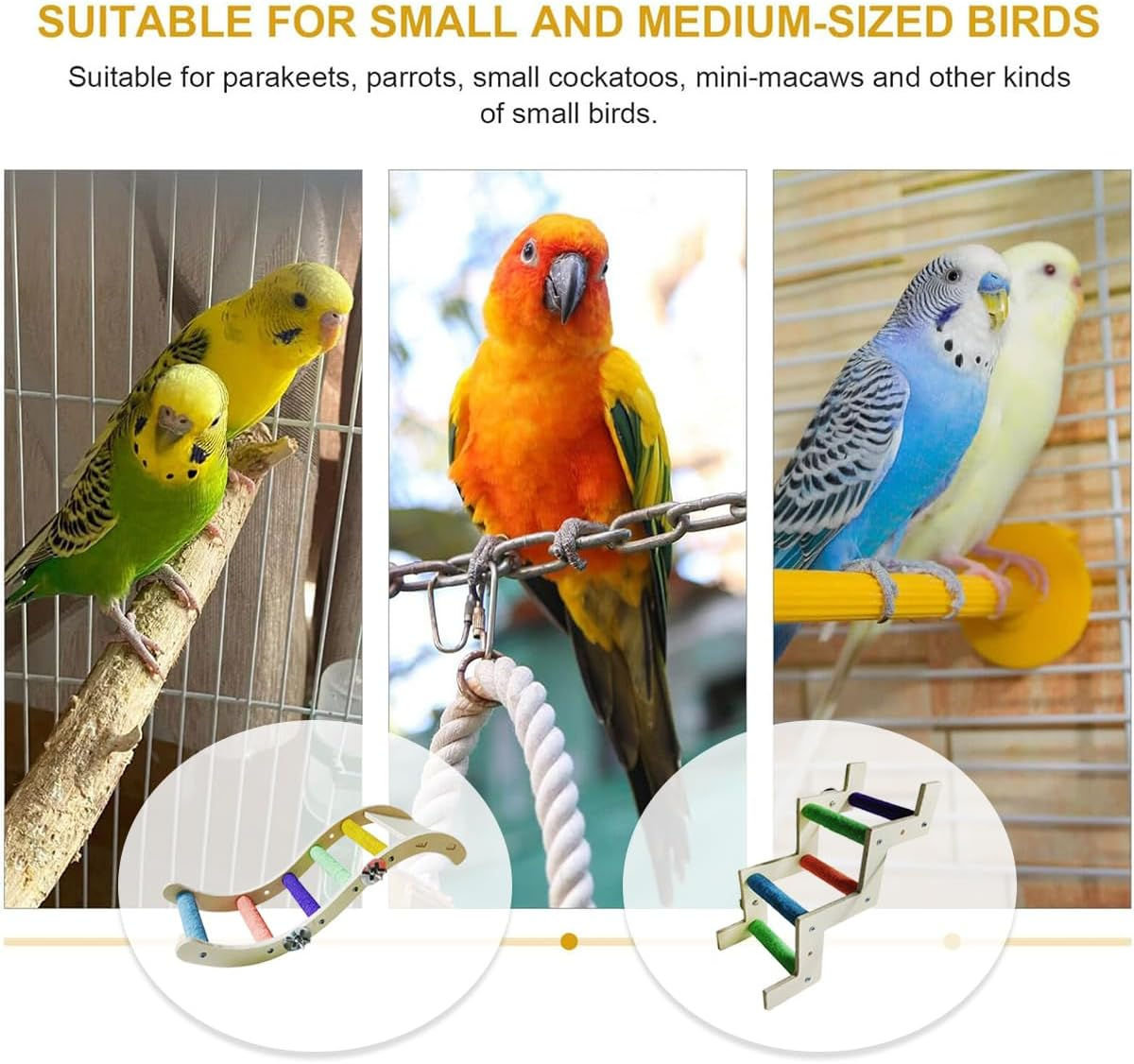 AIMALL Wooden Parrot Climbing Ladder Toy with Colourful Steps and Claw Grinding Surface, Bird Swing Stand Platform for Budgies Cockatiels Peony Birds, 7.2In & 12.5In Options image number 6