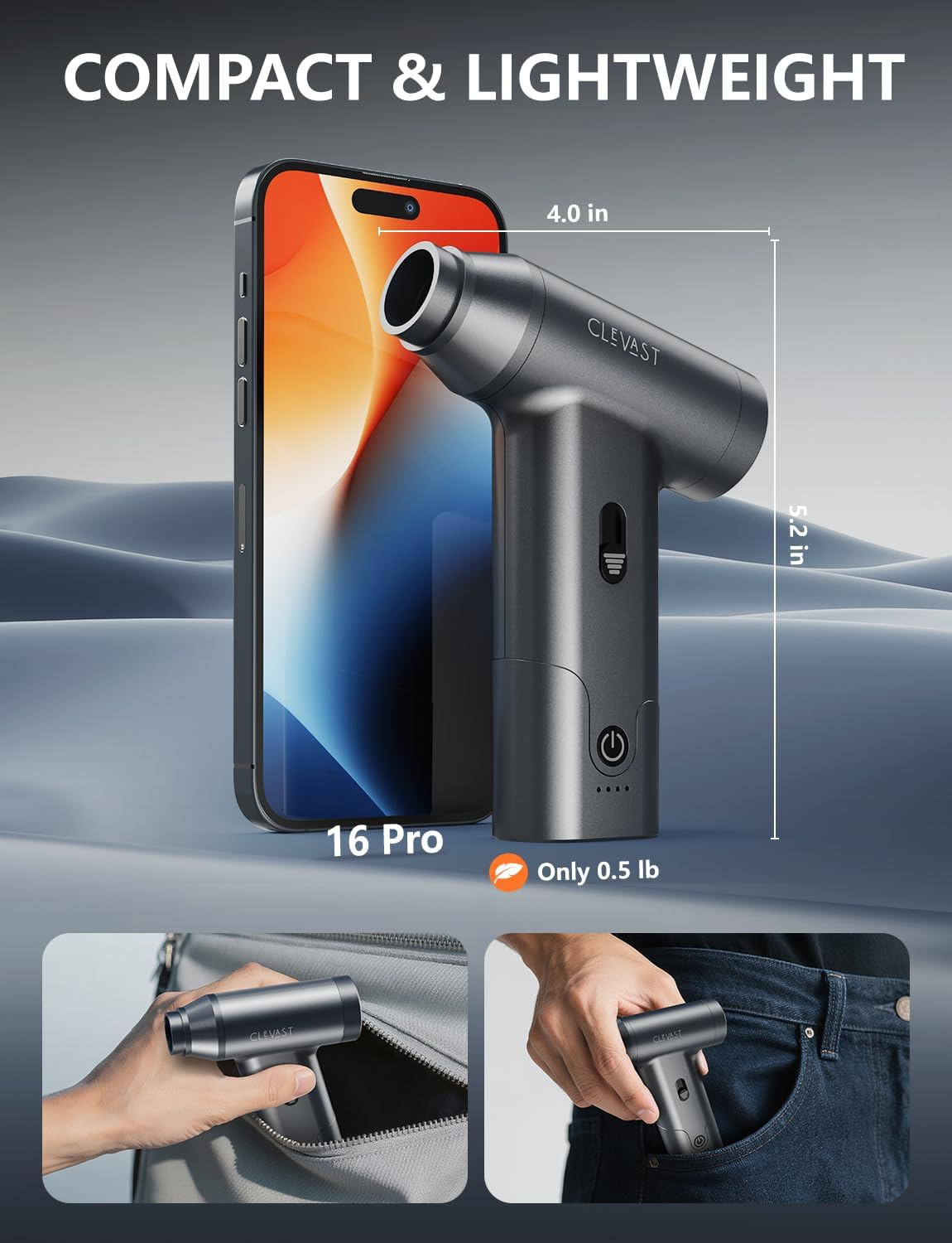 CLEVAST Compressed Air Duster &ndash; Super Power Cordless Electric Mini Air Blower, 130,000 RPM Brushless Motor, Stepless Speed Control, Rechargeable for PC, Keyboard, Car, Electronics Cleaning Kit