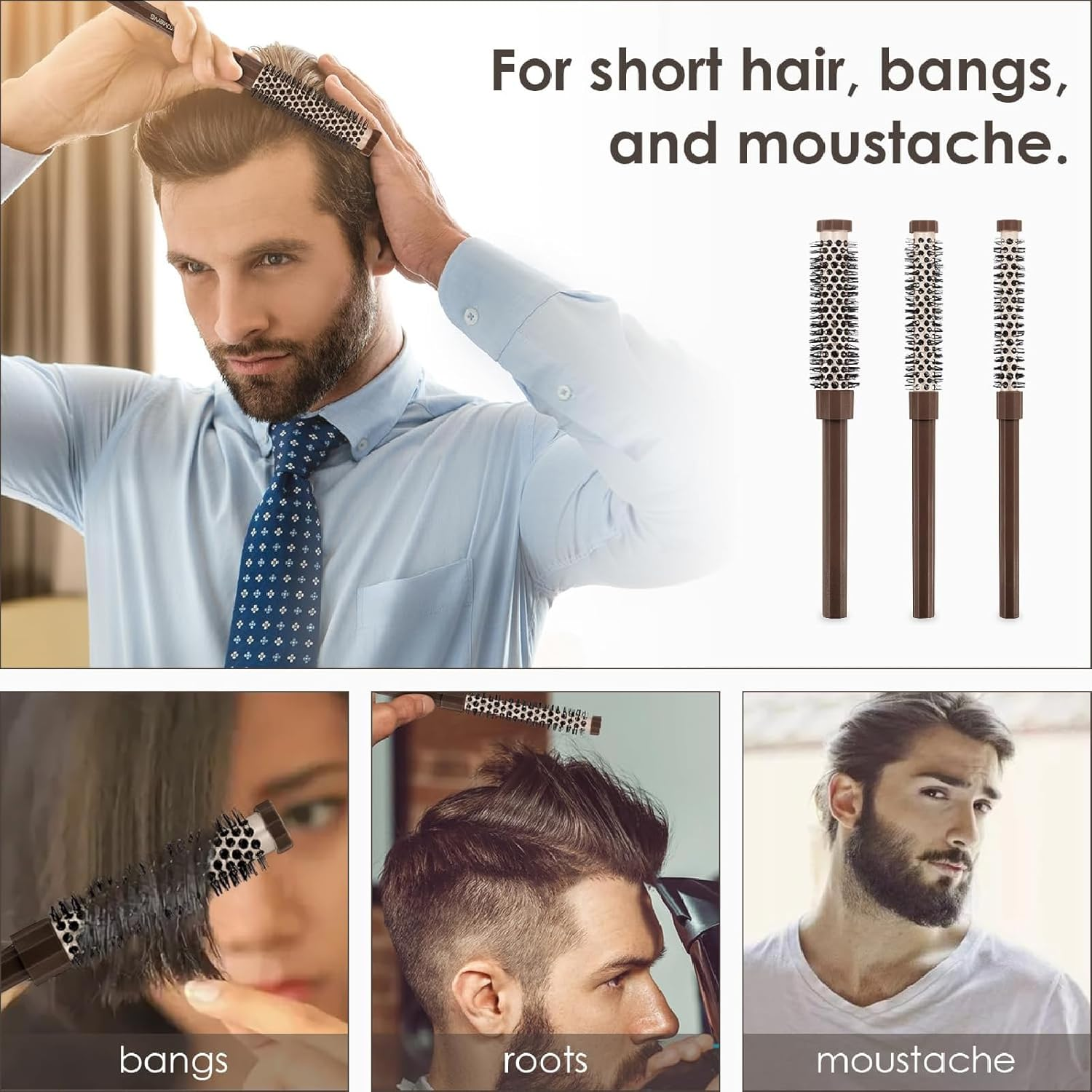 Round Brush Small, Pack of 3 Hair Dryer Brush, round Hair Brush with Aluminium Tube, Perfect for Quick Styling, Volume and Gentle Care of Short to Medium Hair, Suitable for Men and Women image number 4