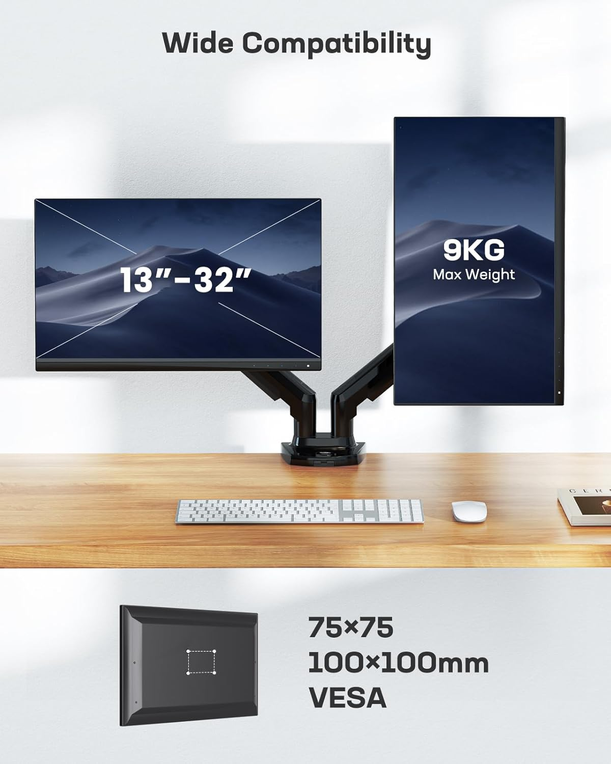 HUANUO Dual Monitor Stand - Full Adjustable Monitor Desk Mount Swivel Vesa Bracket with C Clamp, Grommet Mounting Base for 13 to 32 Inch Computer Screens - Each Arm Holds 4.4 to 19.8Lbs