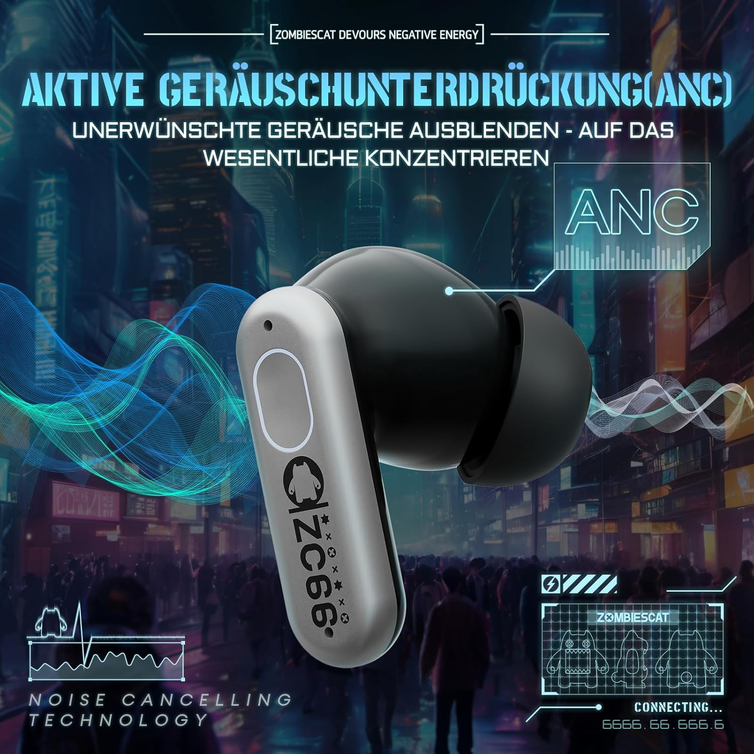 Zombies CAT Wireless Bluetooth, Noise Cancelling Headphones, Bluetooth Headphones with Deep Bass, Wireless Bluetooth 5.4, RGB Light, In-Ear Headphones for Android Ios, B5 Silver image number 6