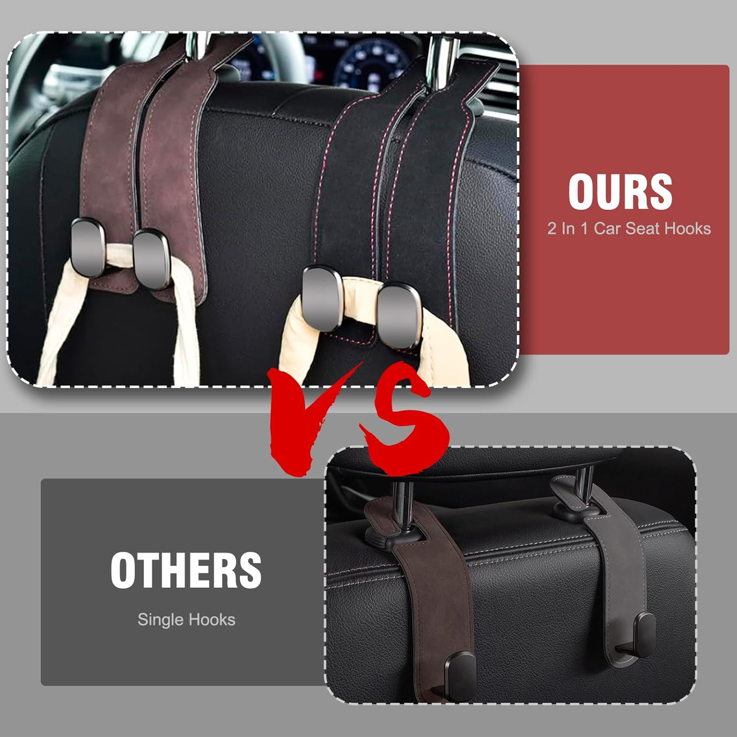 2 Pack Car Bag Hook,Car Seat Back Storage Hook for Headrest,Car Accessories Interior,Multifunctional Car Headrest Hanger with Metal Hooks for Purses,Handbags,Mobile Phone (Brown) image number 6