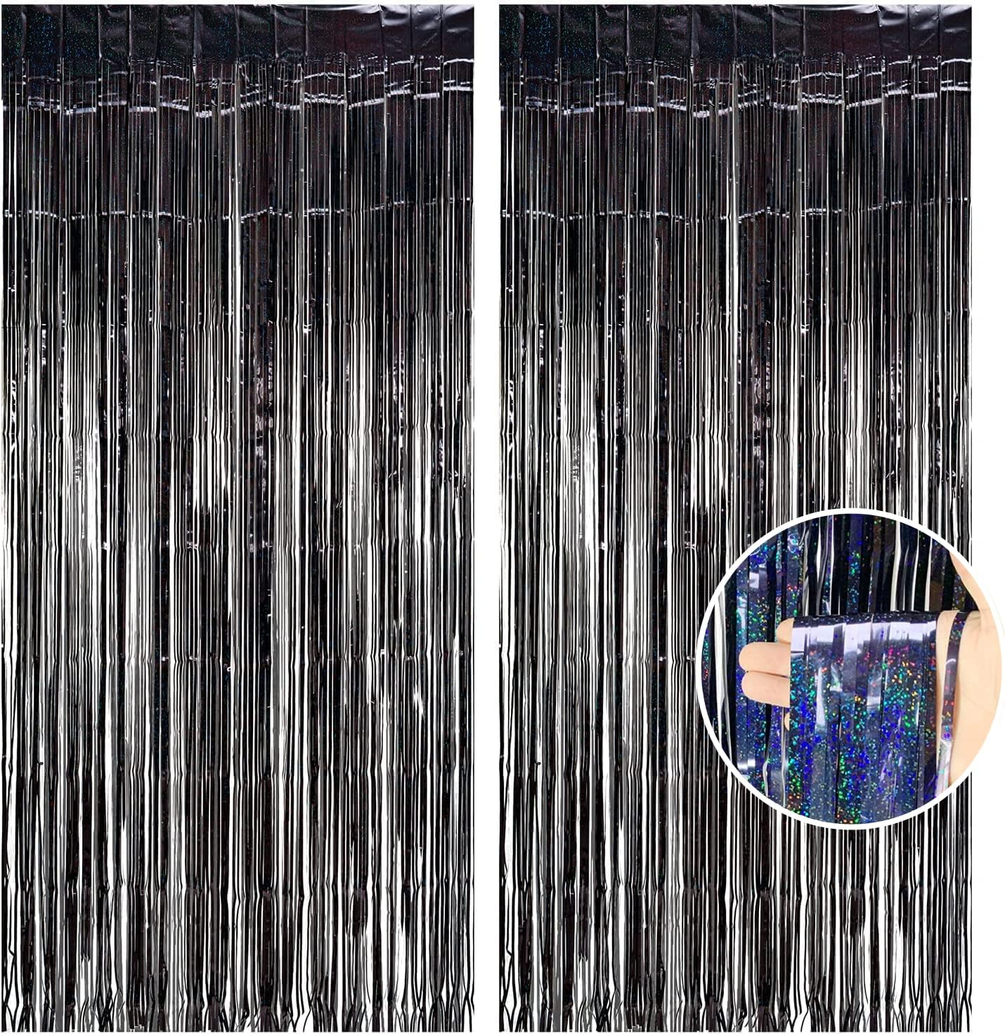 Foil Fringe Curtain, Pack of 2 Tinsel Backdrop, Birthday Party Decorations, Streamer Backdrop Foil Curtains, Graduation Decorations (Wavy Holographic-Silver)