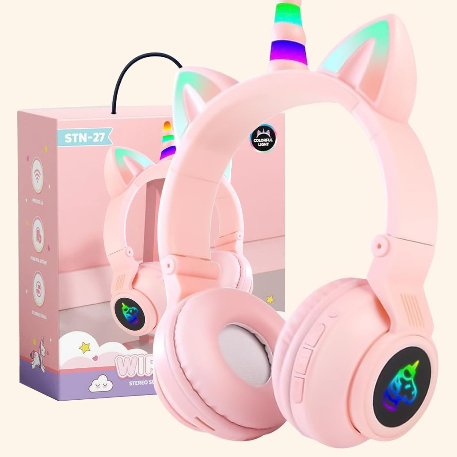 OHAANYY Wireless Headphones for Children, Headphones Bluetooth Unicorn Foldable, Girls with Cable and Microphone Headphones Children with LED Light Stereo Headphones for Mobile Phone/Tablet/Pc (Pink)