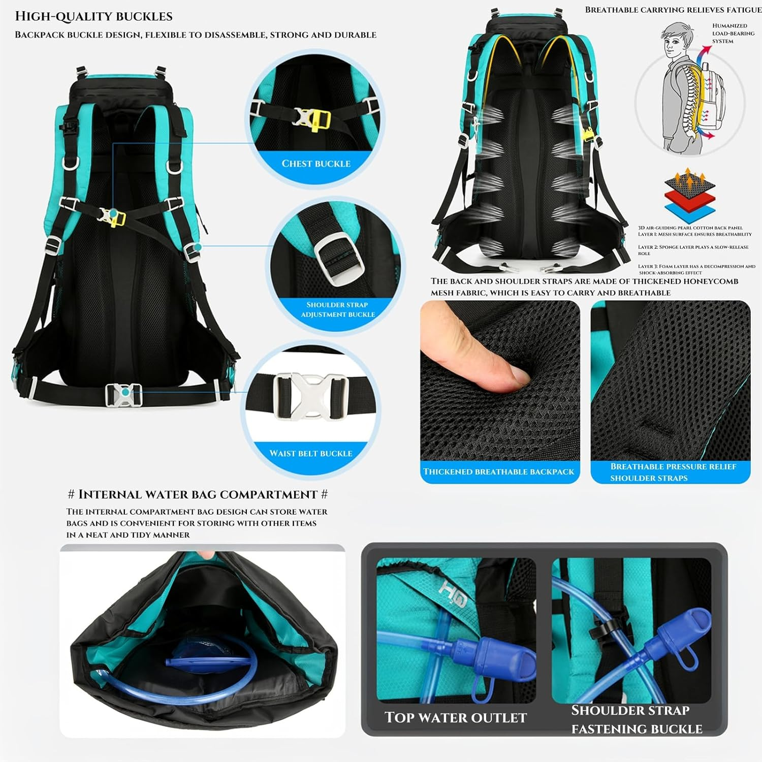 Xcjump 60L Hiking Backpack Water Resistant Outdoor Sports Travel Daypack Bag Lightweight Bag with Rain Coverfor Women Men Mountaineering Camping Tourism image number 5