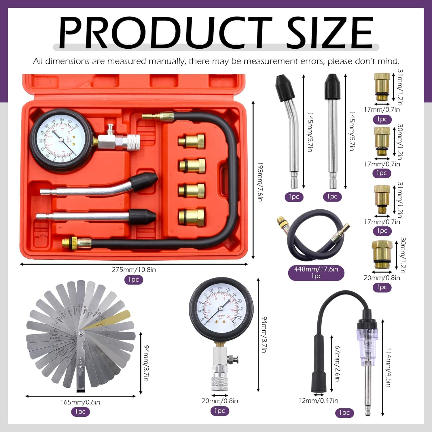 Swpeet 10Pcs Automotive Compression Tester Kit and Spark Plug Tester with Steel Metric and Imperial Feeler Gauge Assortment Kit, Universal Car and Motorcycle Engine Testing Tools image number 5