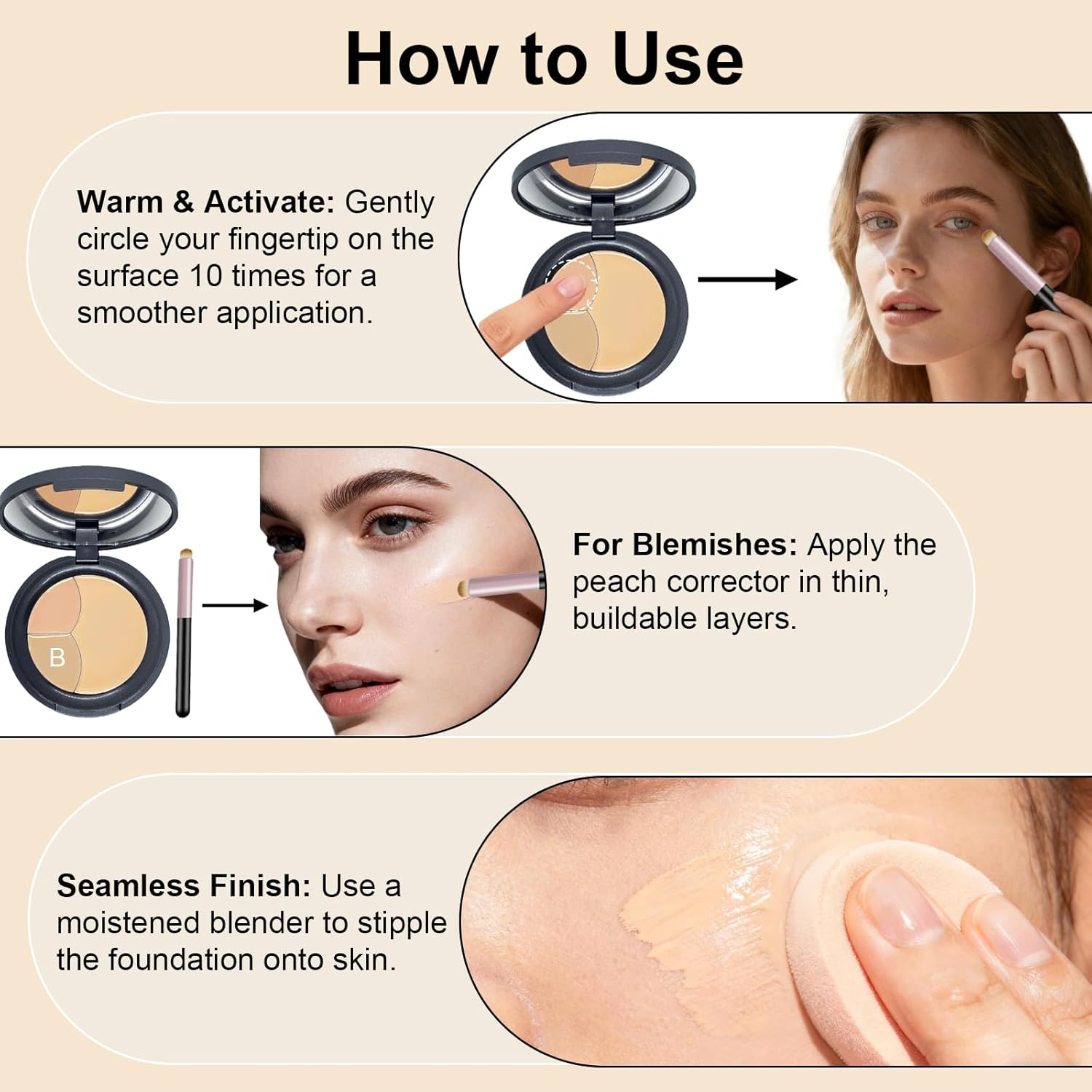 3-Color Cream Concealer Palette with Brush,Color Corrector Cream Kit for Smooth Contouring to Conceal, Correct, and Contour with a Velvety Finish. image number 4