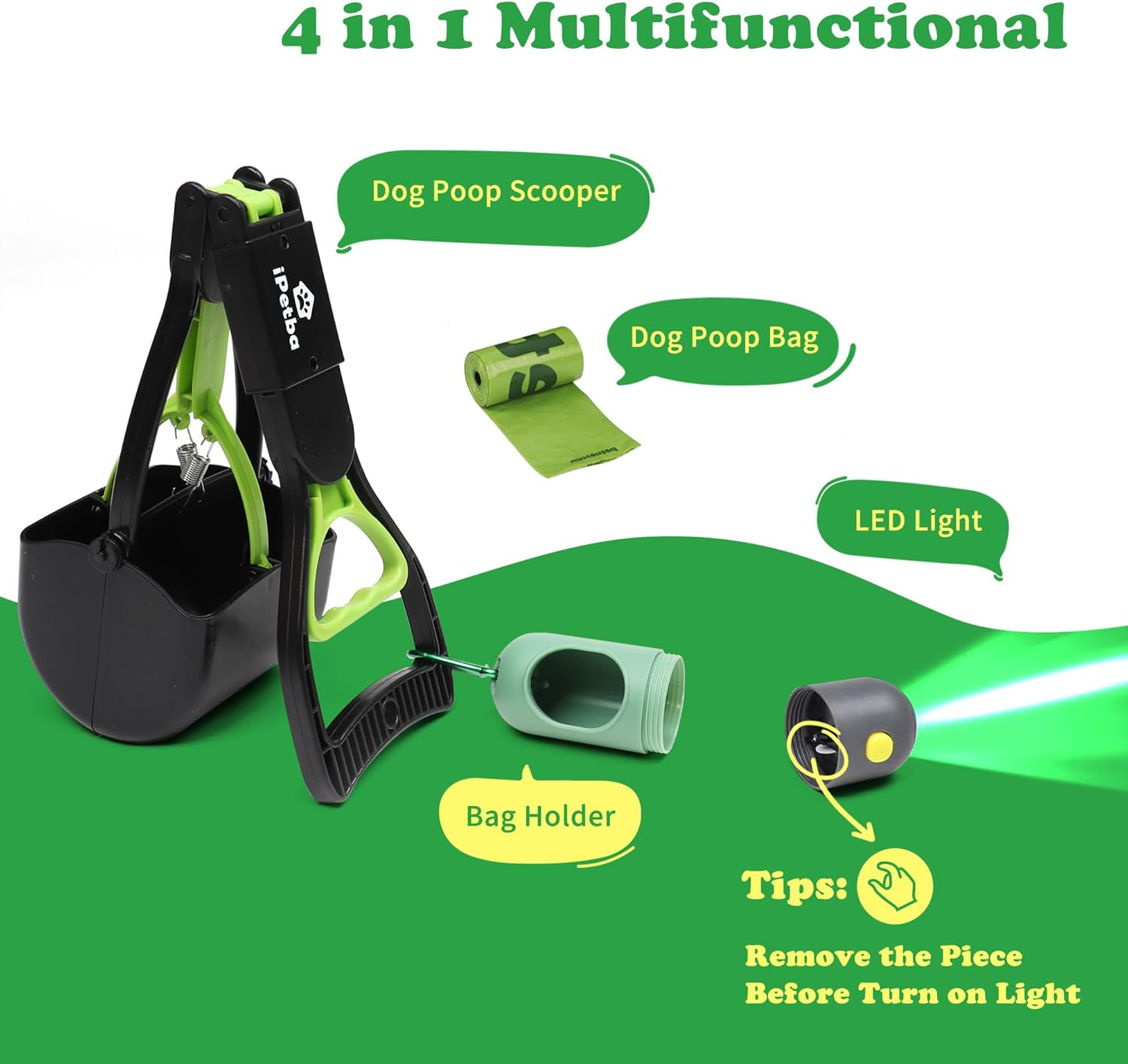 Ipetba Mini Foldable Pooper Scooper 45Cm <4 in 1> Long Handle Portable Pet Poop Picker with Poop Bag and Dispenser Durable Spring Lightweight Waste Pick up Great for Lawns Grass Dirt image number 3