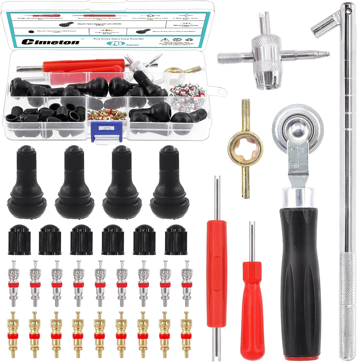 76Pcs Tire Patch Auto Repair Tool Kit Includes Valve Stem Remover Puller, Valve Core Remover, Tire Patch Roller, 4-Way Valve Tool, Valve Cores, Valve Core Removal Key Single Head Valve Remover image number 6