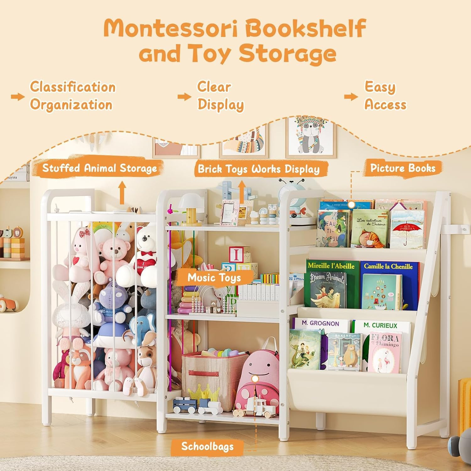Children'S Book Shelf and Toy Organizer, 3 Tier Book Shelf for Kids Rooms,Sling Baby Bookcase with Stuffed Animal Organizer, Montessori Toddler Bookshelf for Children'S Room,Nursery, Bedroom, Playroom image number 2