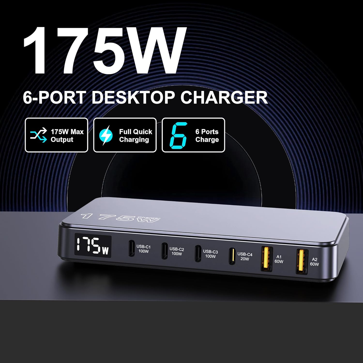 Tobetravel 175W USB C Charger, 6-Ports LCD Display Ultra-Thin Gan Charger, PD 100W PPS 45W QC60W Fast Charging Station for Macbook Laptop, Iphone 16 15, Galaxy S25/S24 Ultra, Ipad and More image number 2