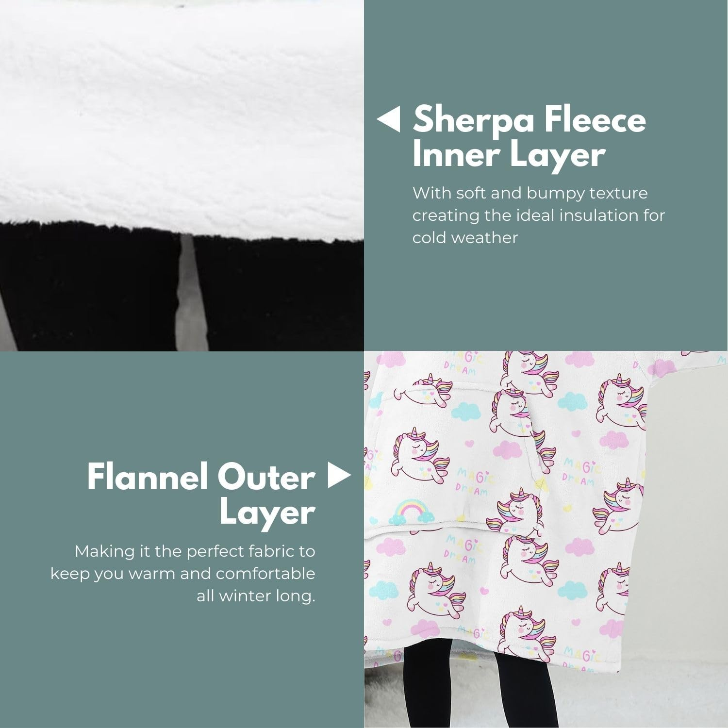 Gominimo Kids Hoodie Blanket, Warm, Cosy Double Layers, Large Pockets, One Size Fits All, Perfect for Indoor Lounging or Outdoor Adventures, Machine Washable, Unicorn White image number 3