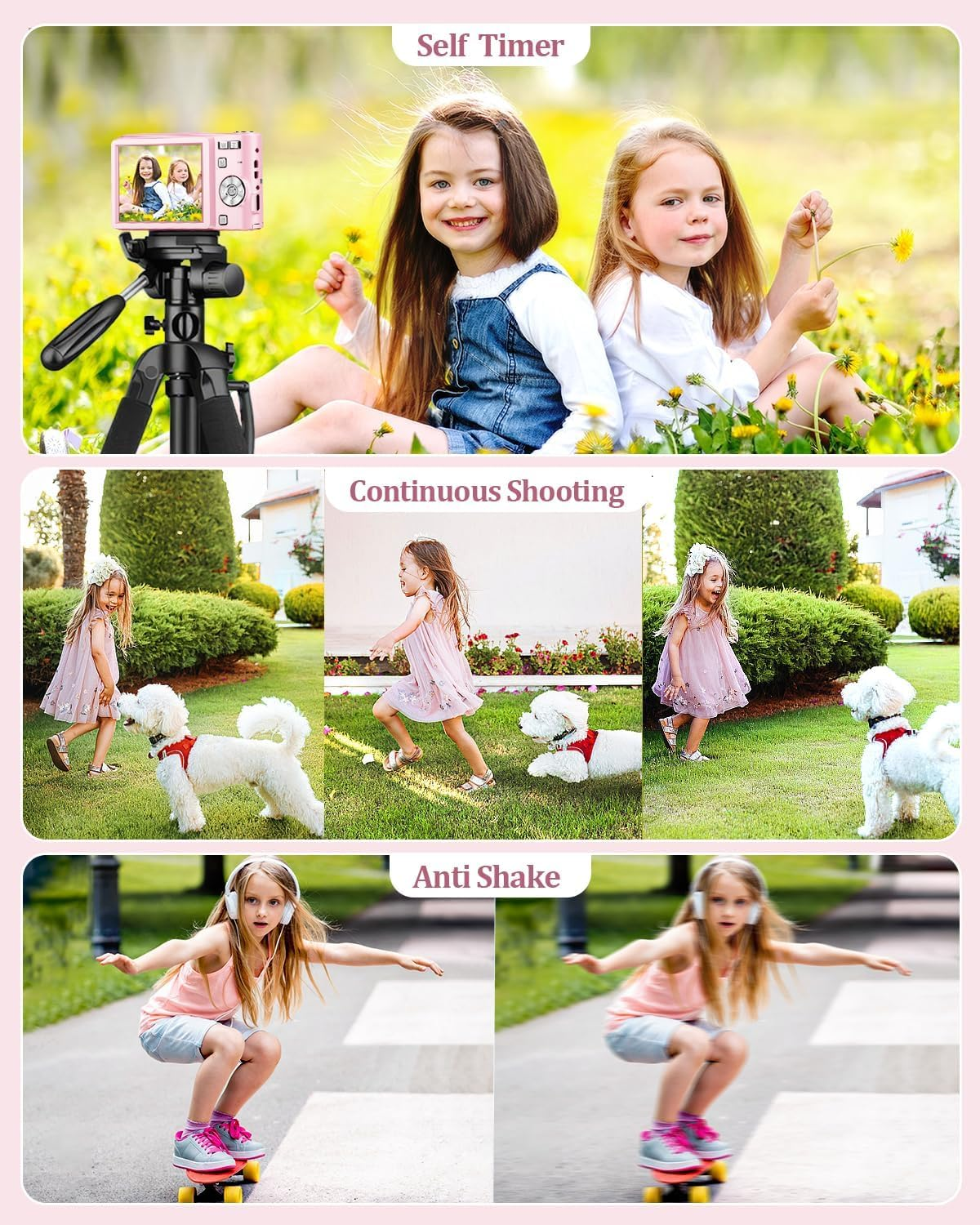 Upgrade Digital Camera, 50MP Full High Definition 1080P Camera with 16X Zoom anti Shake, Compact Camera for Kid Student Children Teen Girl Boy, Kids Camera with 32GB SD Card (Pink)
