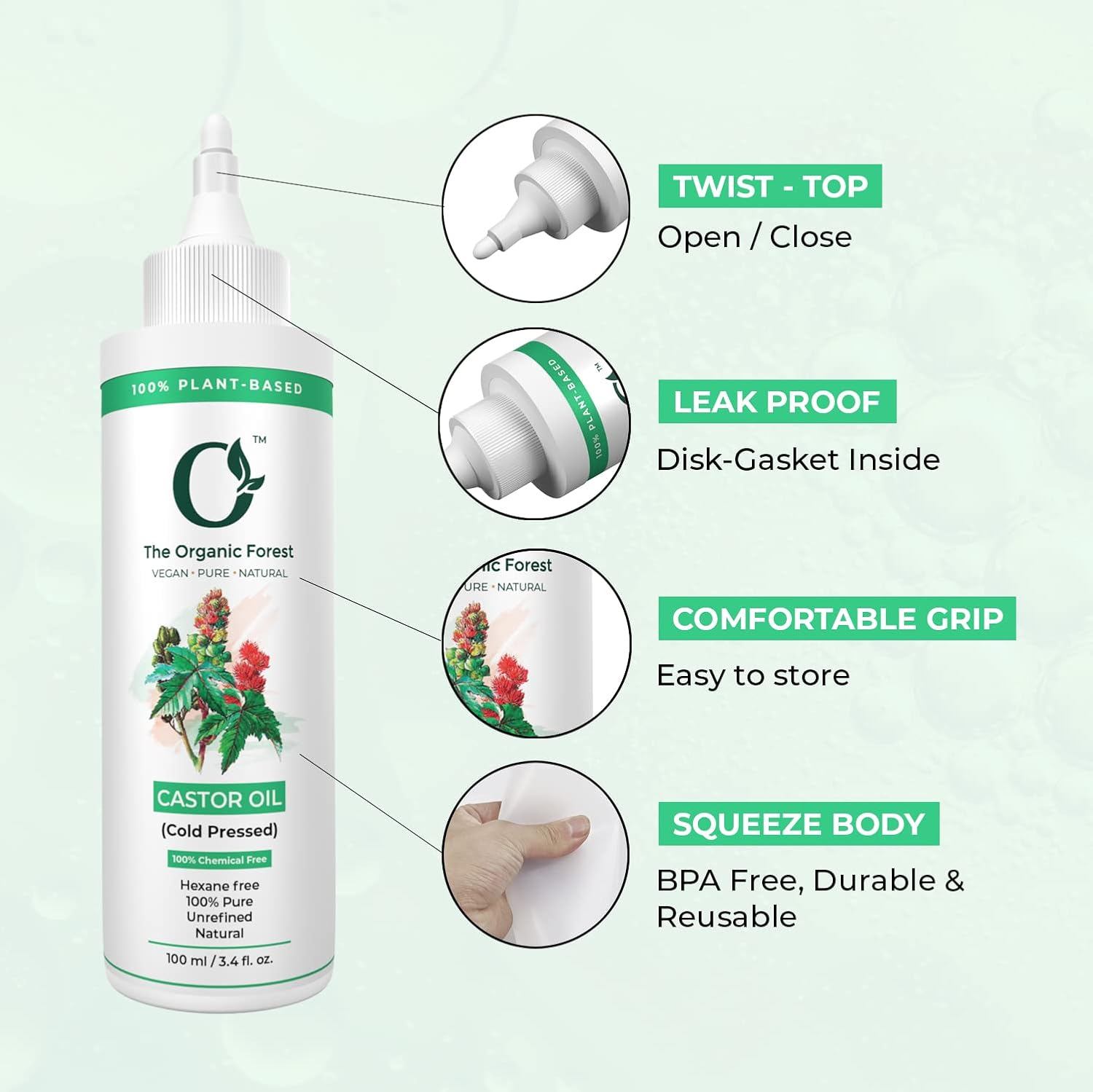 Organic Forest 100% VEGAN Pure Cold Pressed Castor Oil for Eyelashes and Eyebrows | Pure Castor Oil, Hair, Nails, Moisturising Dry Skin, Eyelashes | image number 3