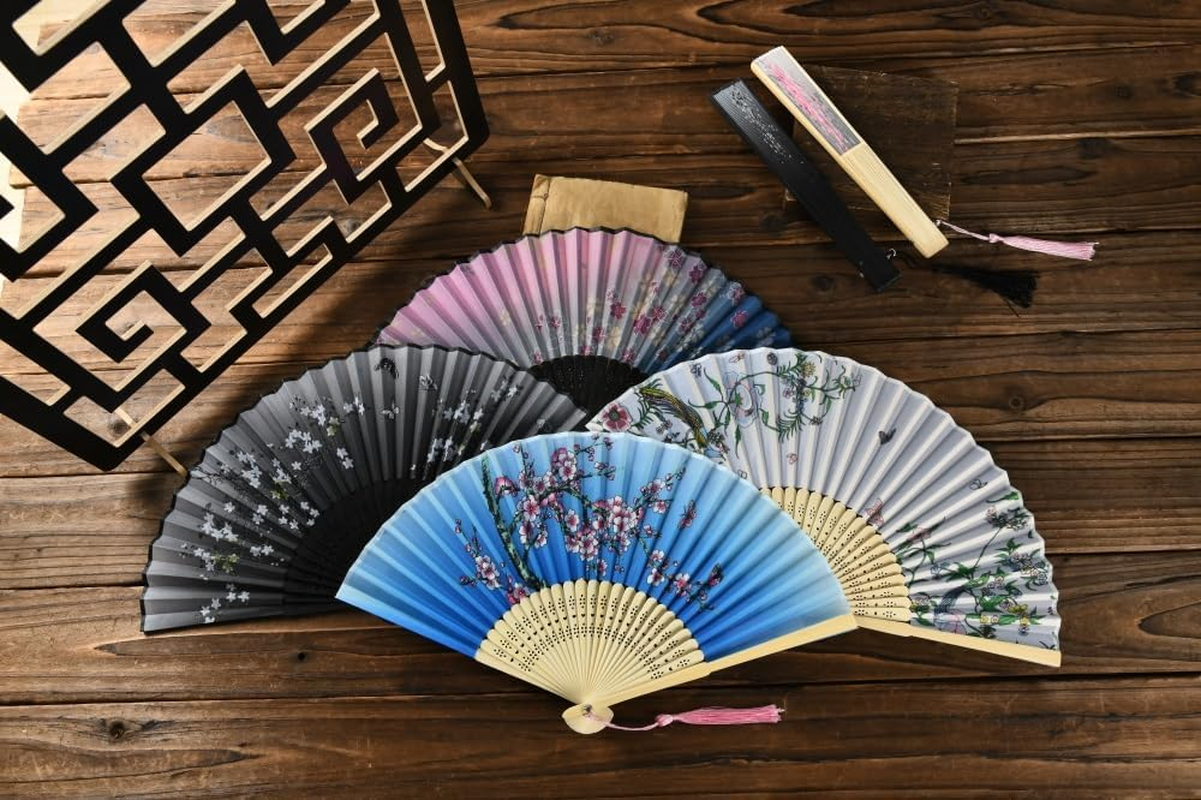 HUNANBANG 4 Pieces Oriental Bamboo Folding Hand Fans Adults Only Church Wedding Gift, Party Favors, DIY Decoration Gift Size 8 1/4" Wholesale 10Pack (Bamboo Assorted 4Pack) - Bamboo4Pack image number 3
