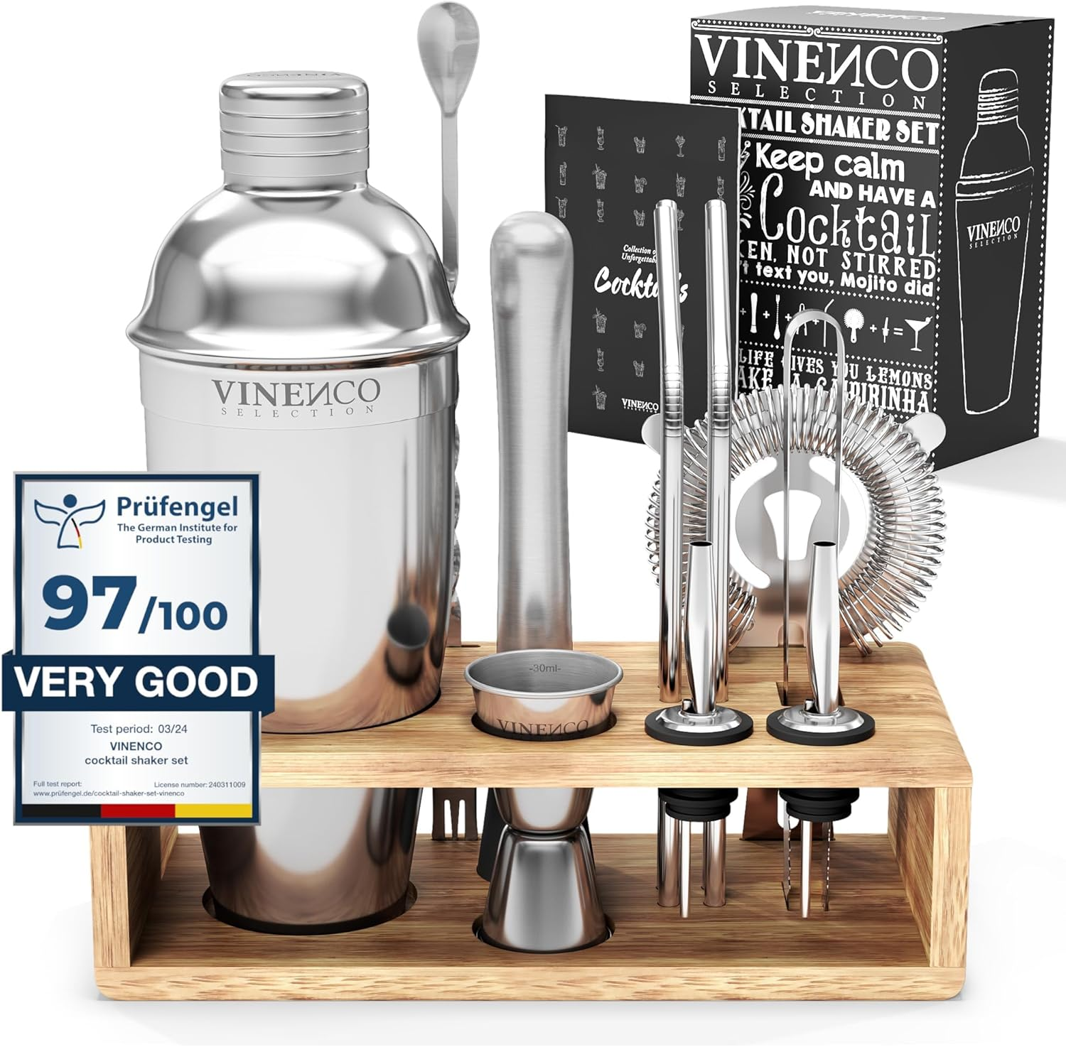 Cocktail Shaker Set with Stand + Recipes | Premium Stainless Steel Bar Kit: Strainer Double Jigger Mixing Spoon | Pro Bartender Making Drinks - Mojito Martini Gin Tonic Maker Party Gift Box, Women Men image number 2