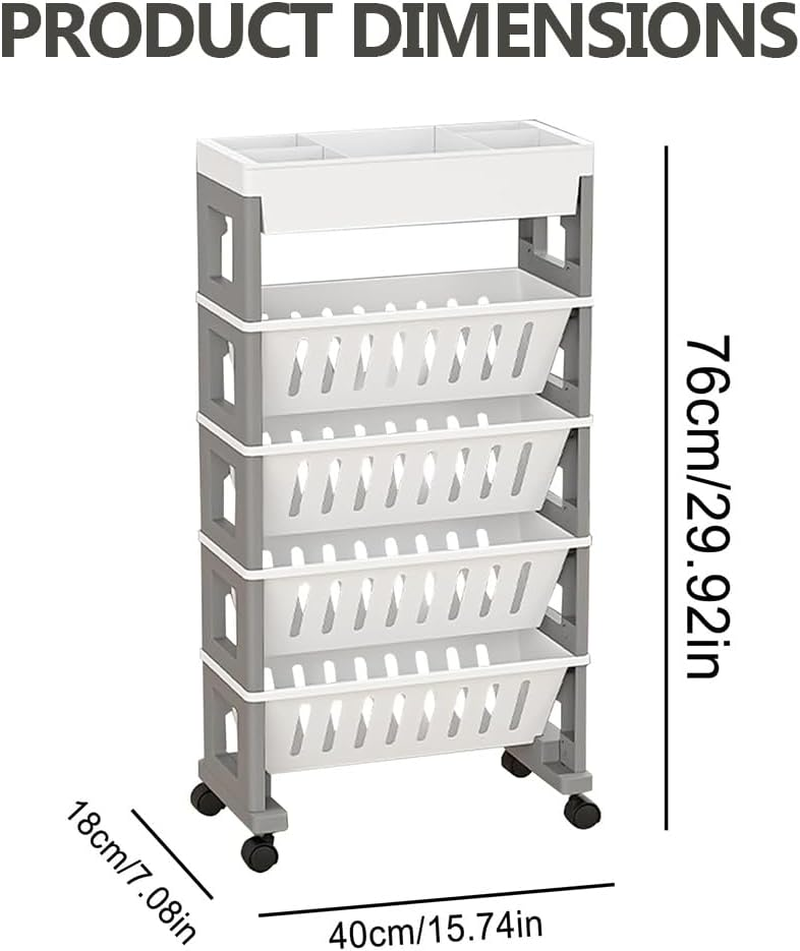 5-Layer Mobile Bookshelf with Wheels, Removable File Folder Organizer Cart, Multifunctional Rolling Practical Storage Cart for Study Room, Classroom, Office, Dormitory School (White Gray) image number 2