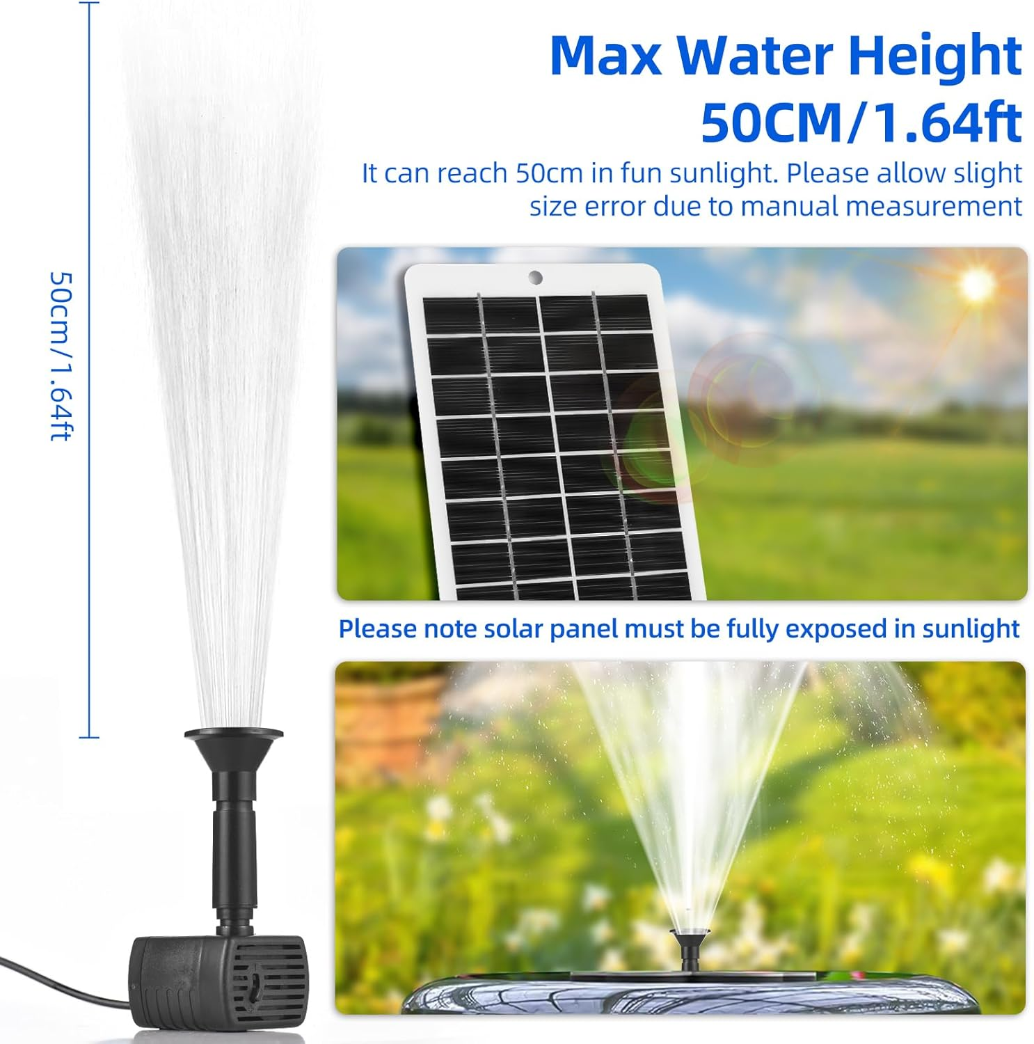 Solar Water Fountain Pump, 4W 5V Solar Panel Kit, 120L/H Flow Rate, 50Cm Lift, 6 Modes, 9 Nozzles, Black image number 4