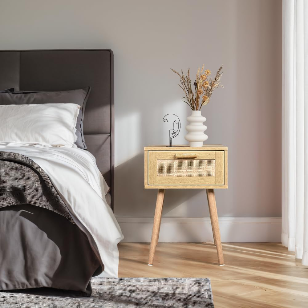 Furb Bedside Table with Storage Drawer Rattan Side End Table Small Narrow Nightstand for Living Room Bedroom Furniture, 40X34X58Cm image number 2