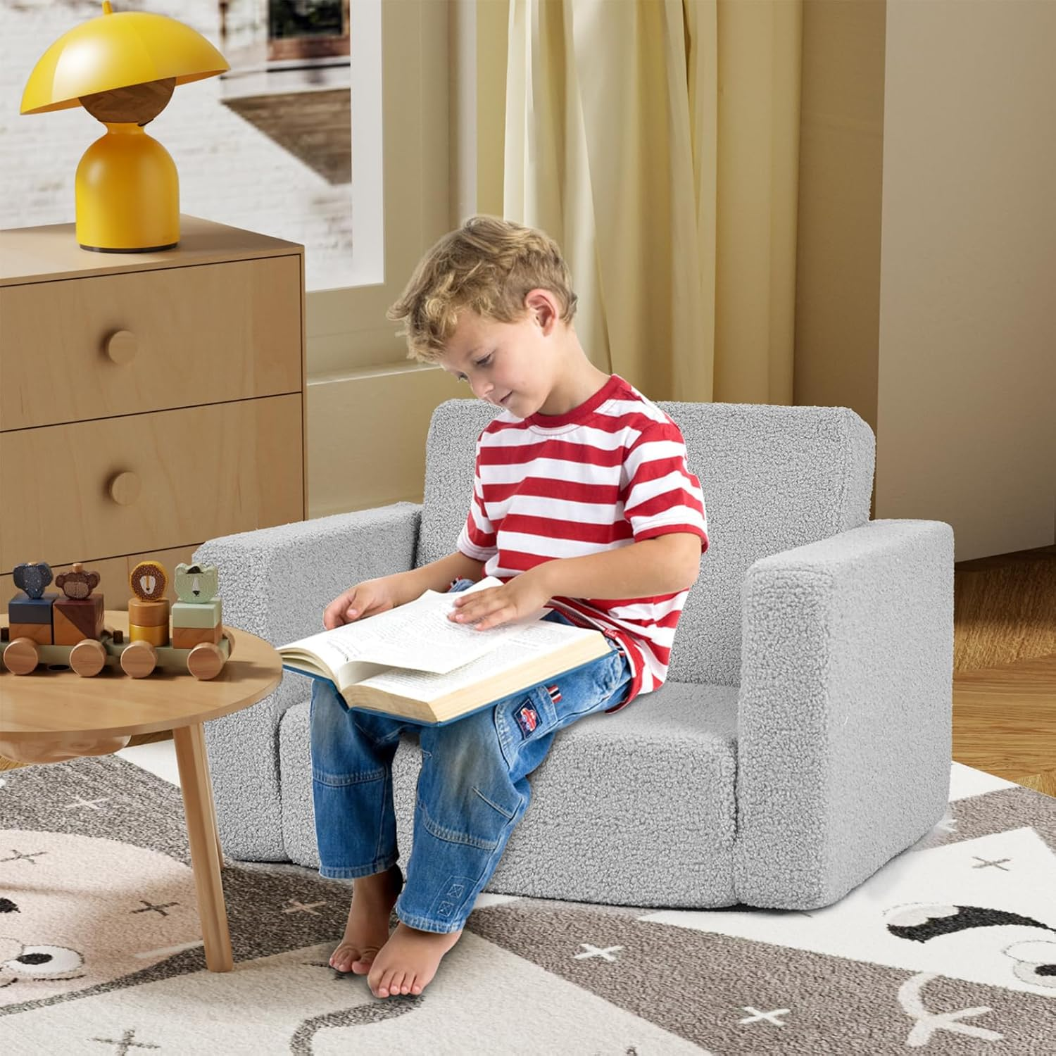 FAYDUDU Kids Sofa, 2-In-1 Fold Out Soft Toddler Couch, Kids Sofa Bed with Washable Covers, Toddler Chair with Side Pocket Suitable for Playroom and Bedroom, Baby Sofa for Boys and Girls (Gray, S) image number 4