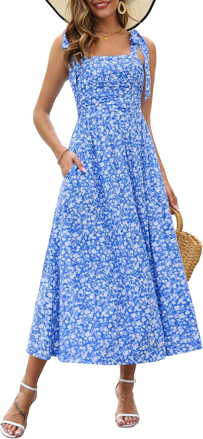 Zattcas Womens 2025 Summer Spaghetti Strap Floral Maxi Dress with Pockets Smocked Flowy Long Beach Vacation Sundresses