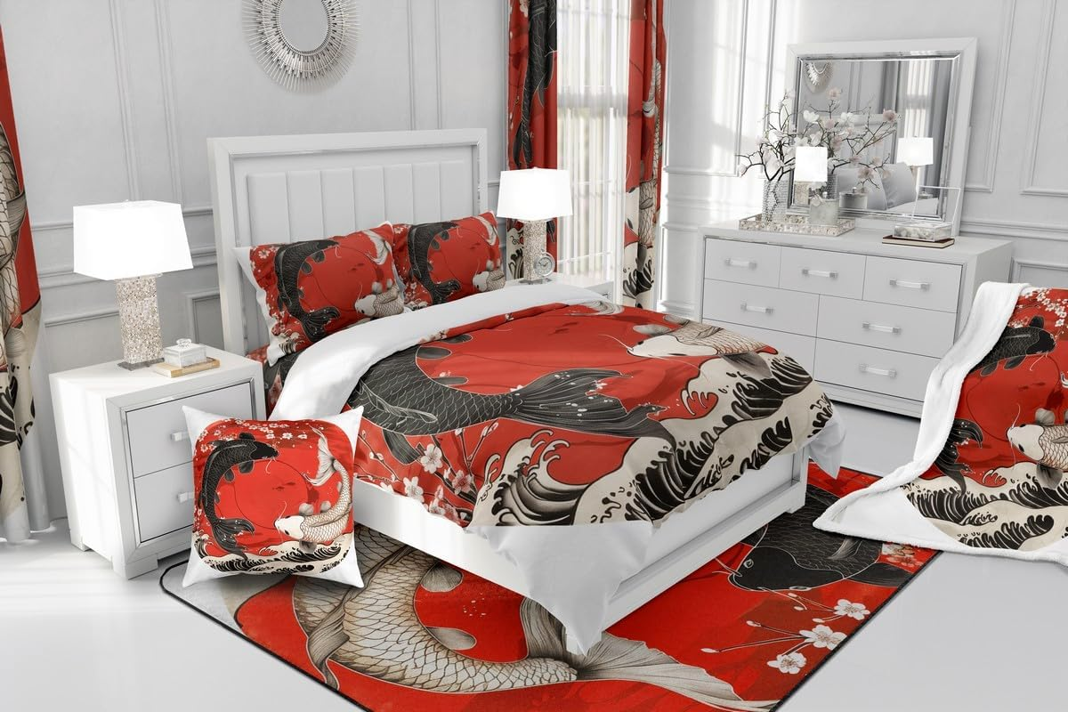 100% Cotton Koi Fish Bed Linen Set 155 X 220 Cm Japanese Style Ukiyo-E Comforter Cover Ocean Waves Floral Duvet Cover Japanese Red Sun Bedspread for Women Men Adults image number 1