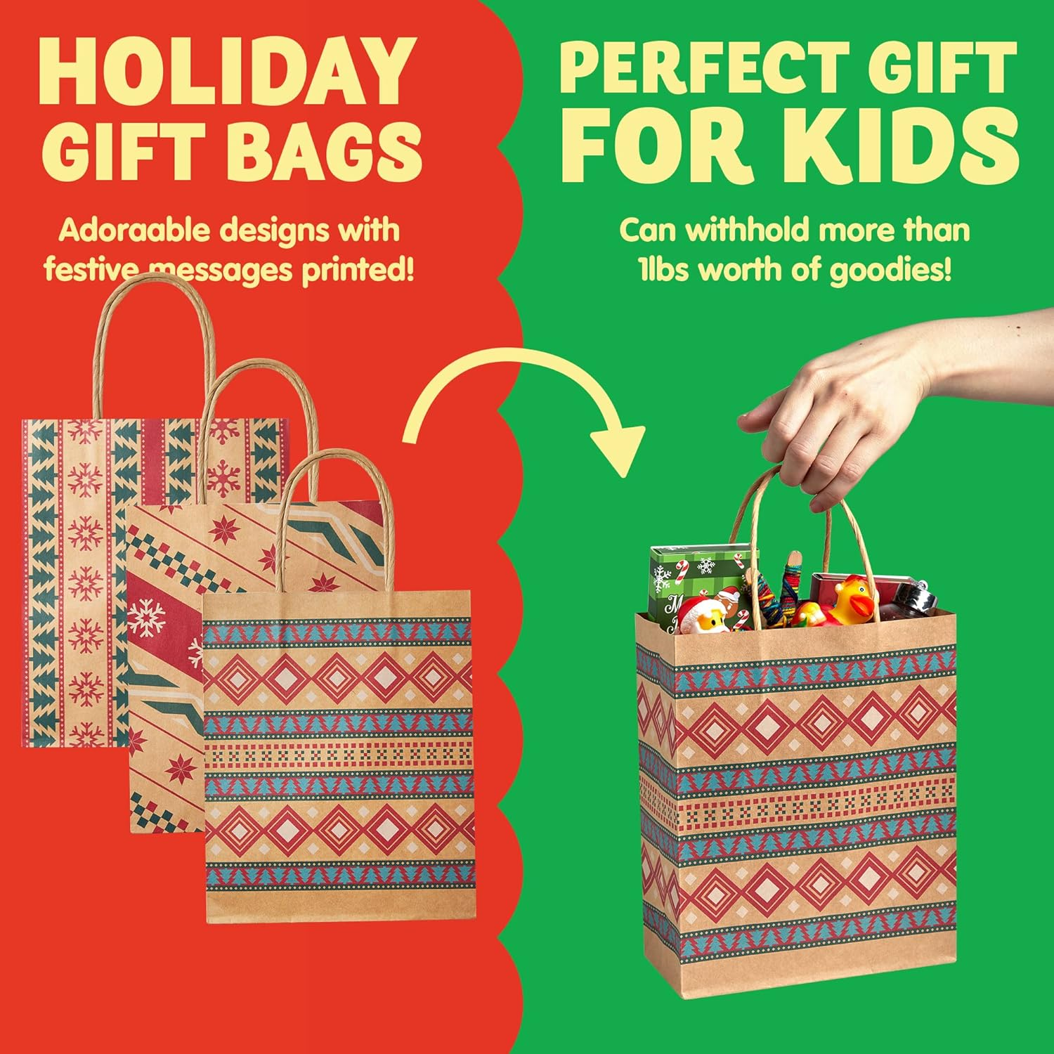 JOYIN 24 PCS Christmas Kraft Gift Bags Xmas Holiday Present Wrapping Paper Goody Bags with Handles for Classrooms and Wedding Decor, Party Favors and Decor Supplies (Brown 9X7.3X3.3 Inch) - Blue image number 7