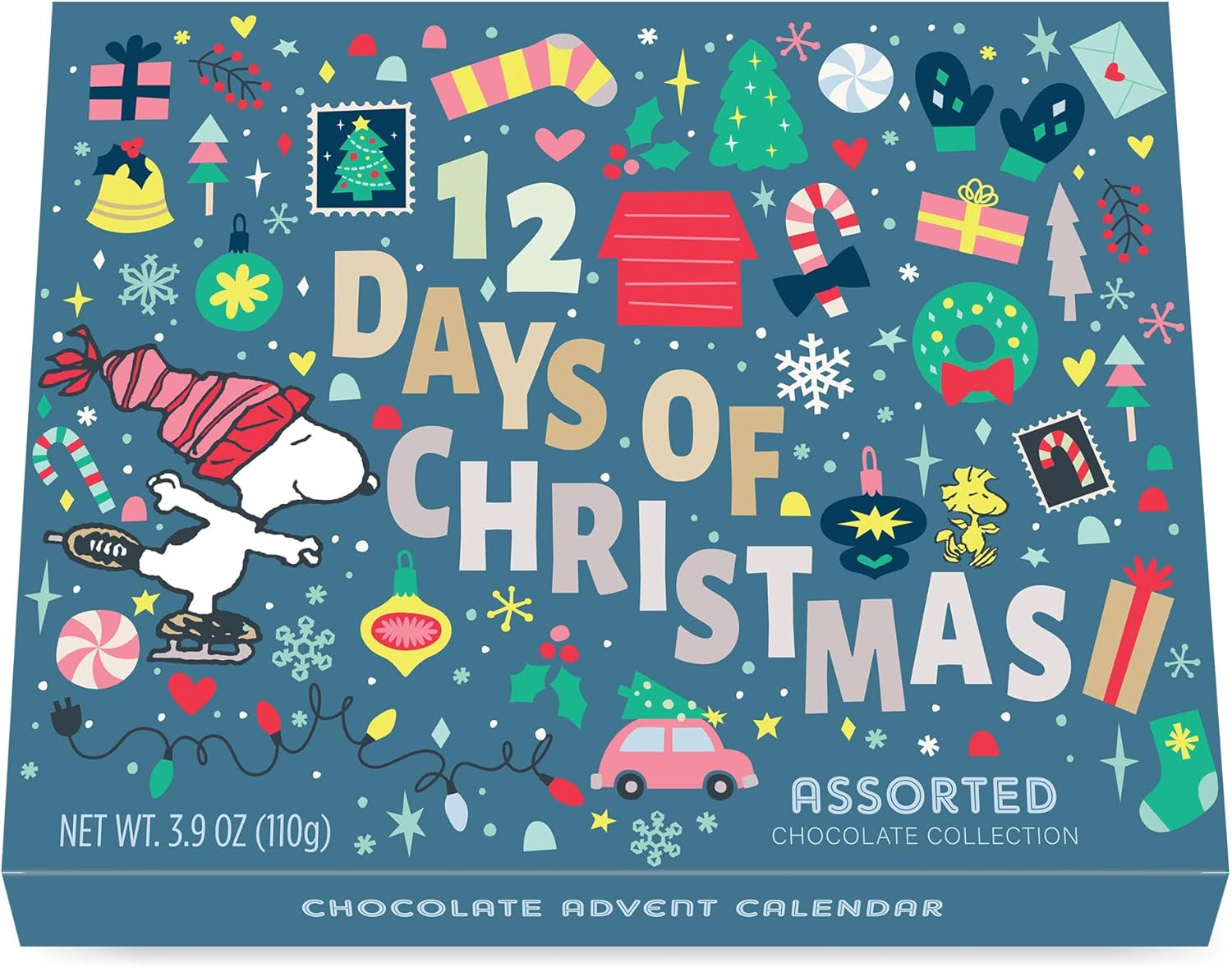 Peanuts Chocolate 12 Days of Snoopy Christmas Advent Calendar 2024 | Charlie Brown Woodstock Countdown | Holiday Gifts for Kids Adults Men Women | 12 Day Assorted Dark, Milk Truffle, Milk Toffee, Mint