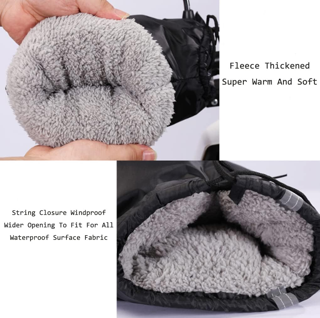 Universal Motorcycle Handlebar Mittens Thickened Fleece Waterproof Windproof Thermal Scooter Motorbike Handle Warmers Handlebar Muff Cover Gloves Wide Opening, Black - Oxford Handlebar Muff-Furry Cuff image number 4