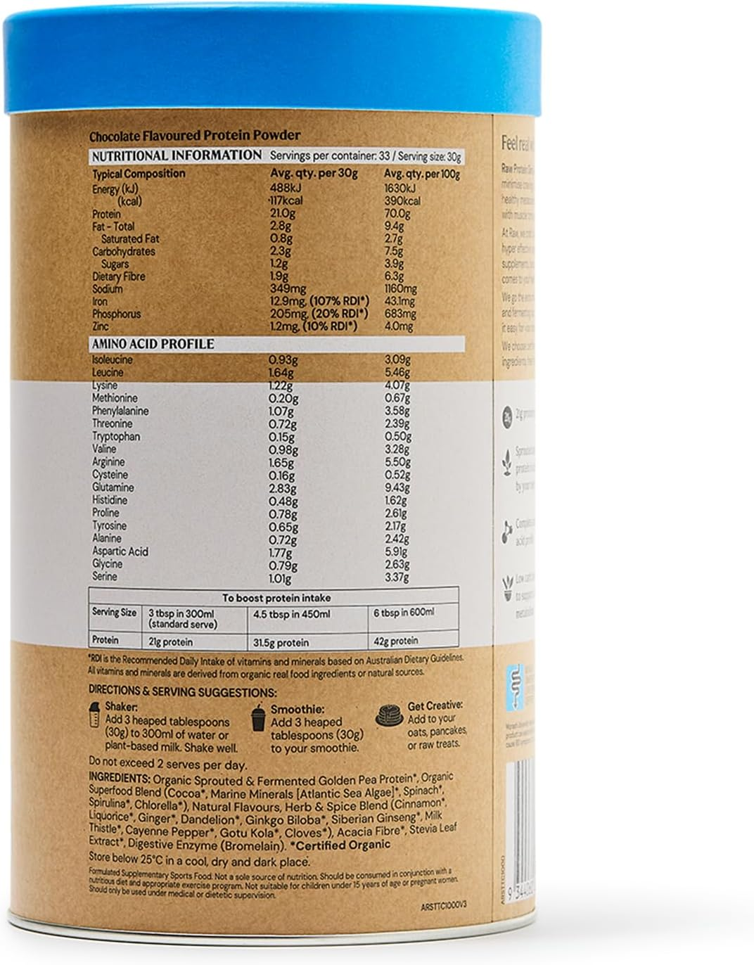 Amazonia Raw Protein Slim & Tone Triple Chocolate - Organic Low-Carb Plant-Based Protein Powder with 21G Vegan Protein, Gluten-Free, Low FODMAP, Fermented for Easy Digestion, Rich in Iron & Zinc, 1Kg