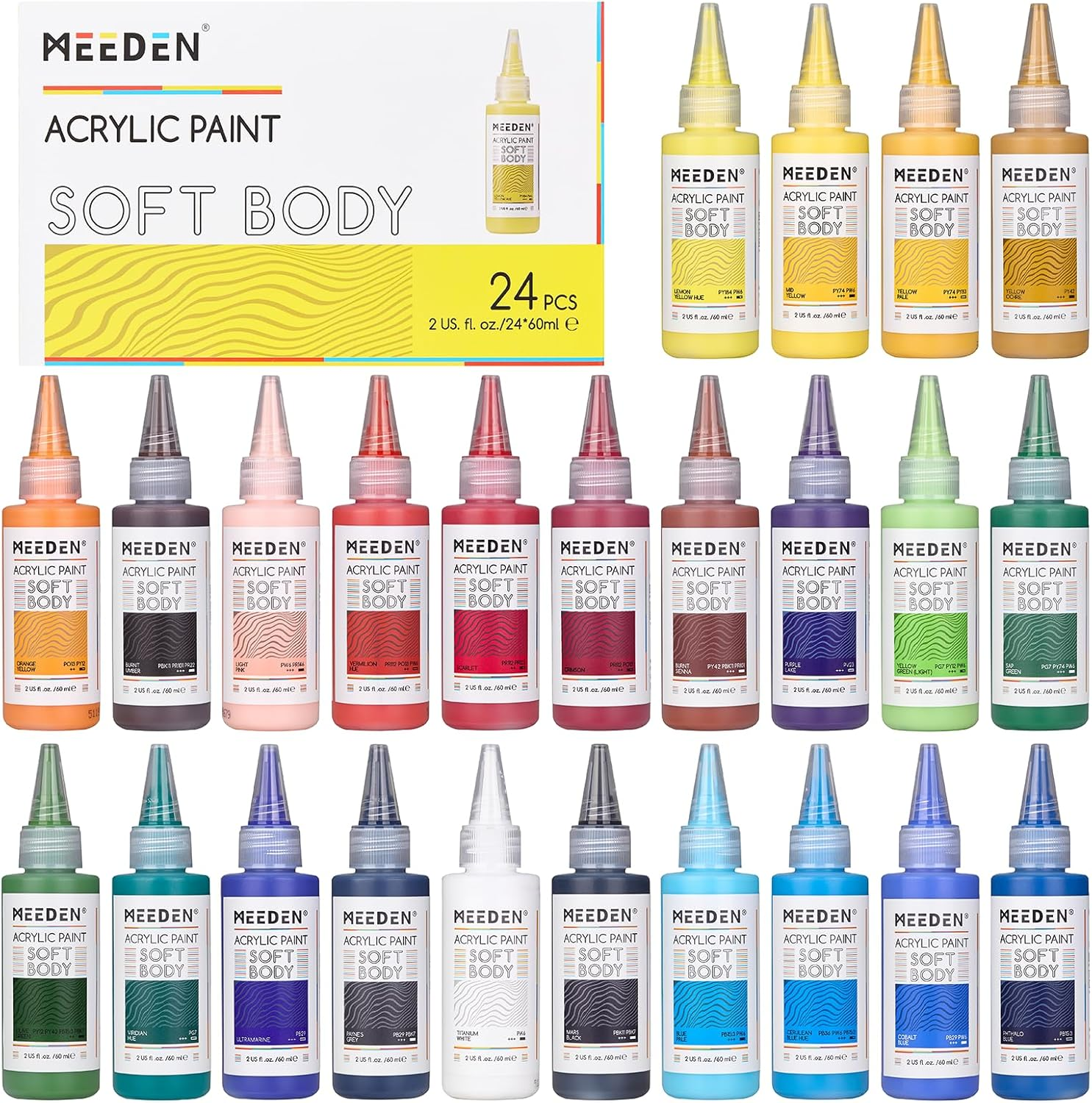 MEEDEN Soft Body Acrylic Paints Set: 24 Matte Finish Colors X 60Ml/2Oz Fluid Acrylic Paints for Art Painting on Canvas Wood & Glass for Students Adults Artists