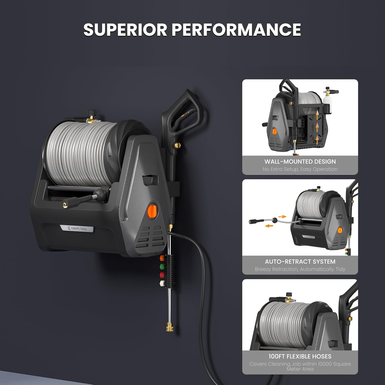 Giraffe Tools Grandfalls Pressure Washer Plus+, Max 2400 PSI, Wall Mounted Pressure Washer, 30 M Soft-Gray Pressure Hose, Retractable, Dark Silver image number 4